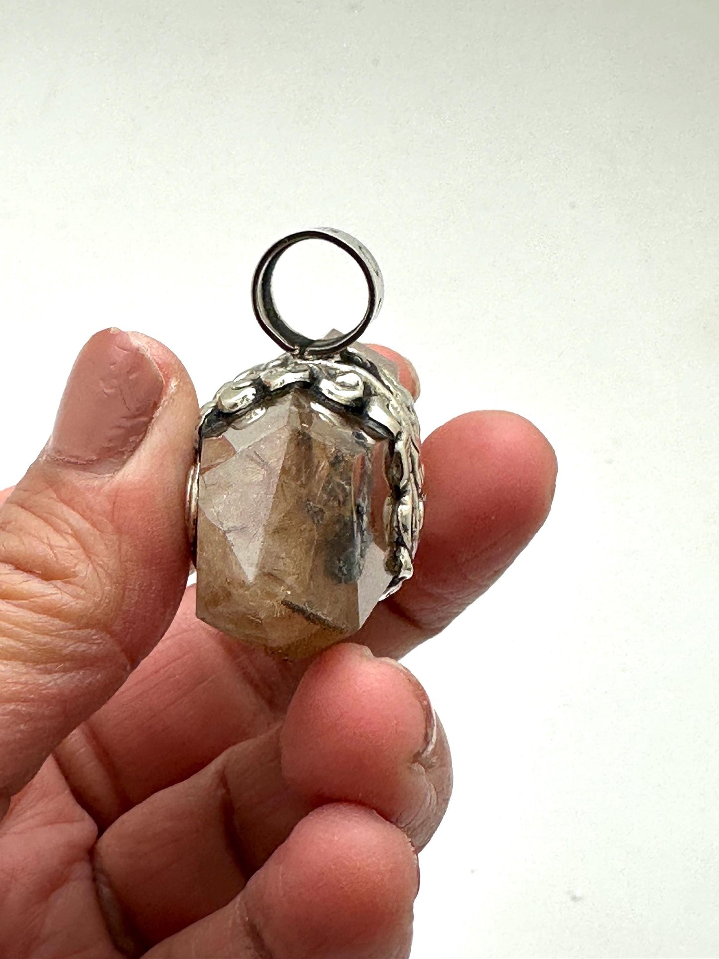 Golden Rutilated Smokey Quartz Double Terminated Pendant, Tibetan Repousse Silver, Labradorite (32mmX62mm)
