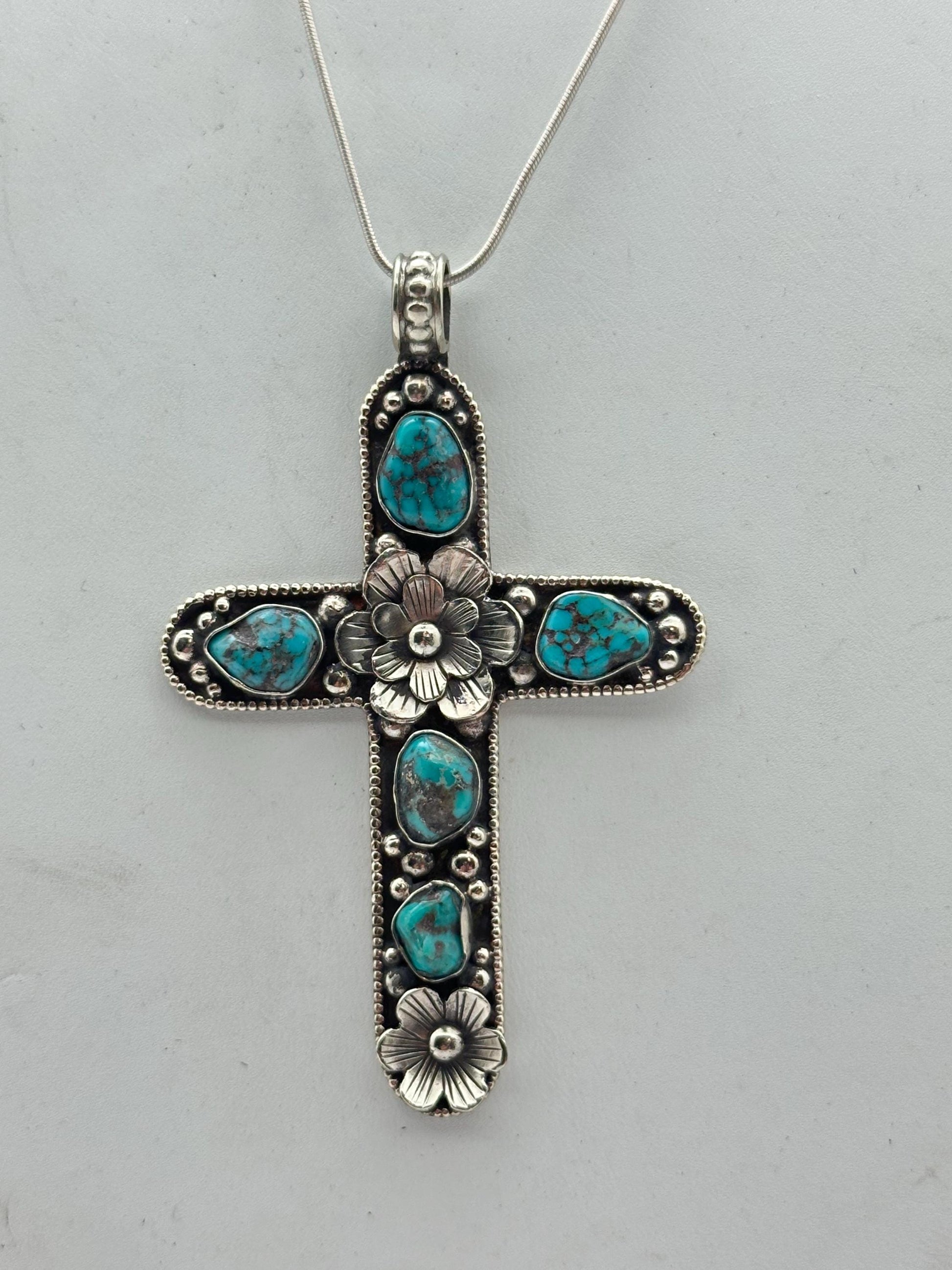 Handcrafted Tibetan Repousse Silver Cross Pendant with Turquoise, Floral Design