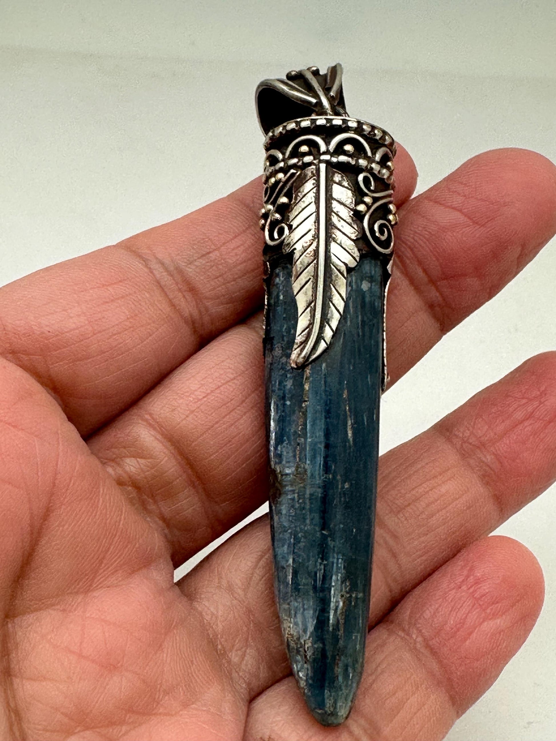 Kyanite pendant ,handcrafted, Tibetan silver,floral,Nepalese,81mmX12mm,weighs about 24gm