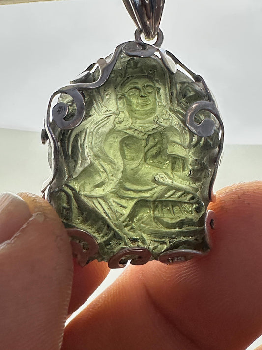Moldevite green tara, master handcrafted with sterling silver, natural moldebite