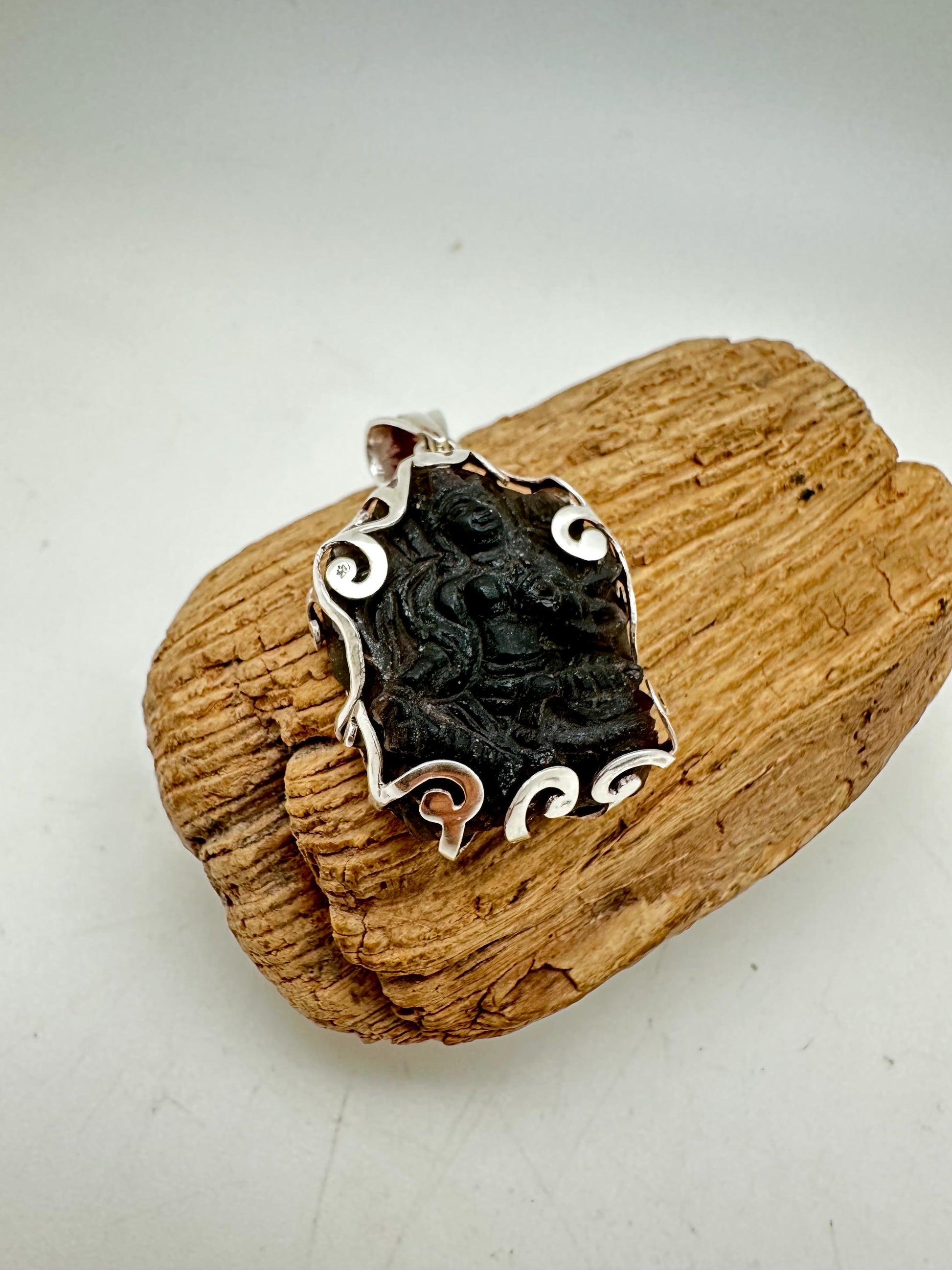 Moldevite green tara, master handcrafted with sterling silver, natural moldebite