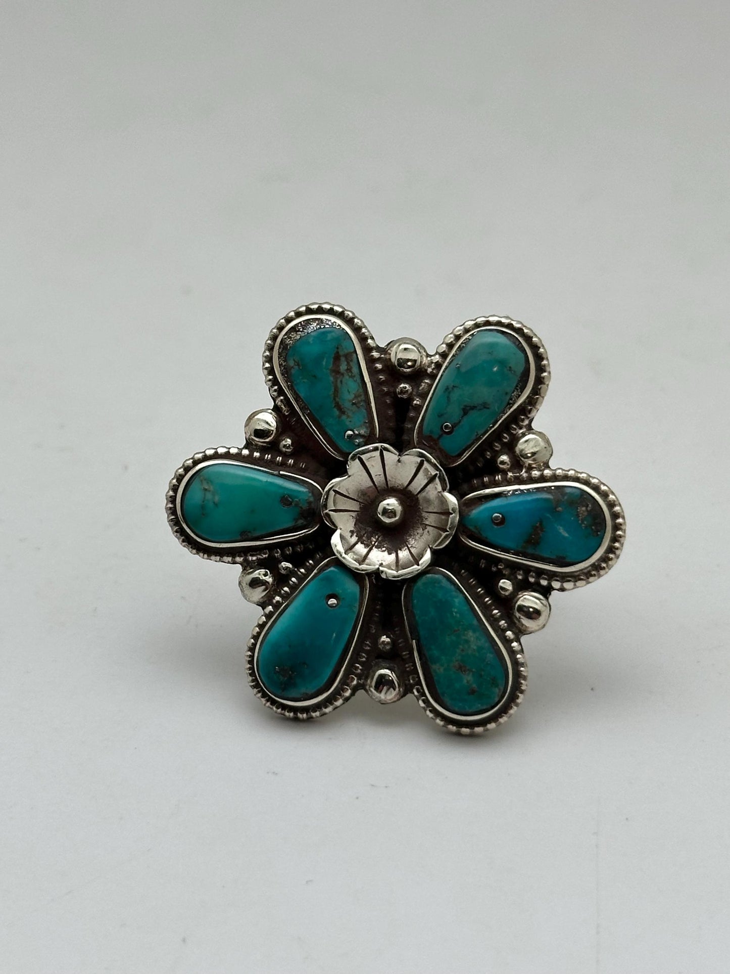 Turquoise Floral Ring, Handcrafted Tibetan Silver, Adjustable Ethnic Style (39mmX39mm)
