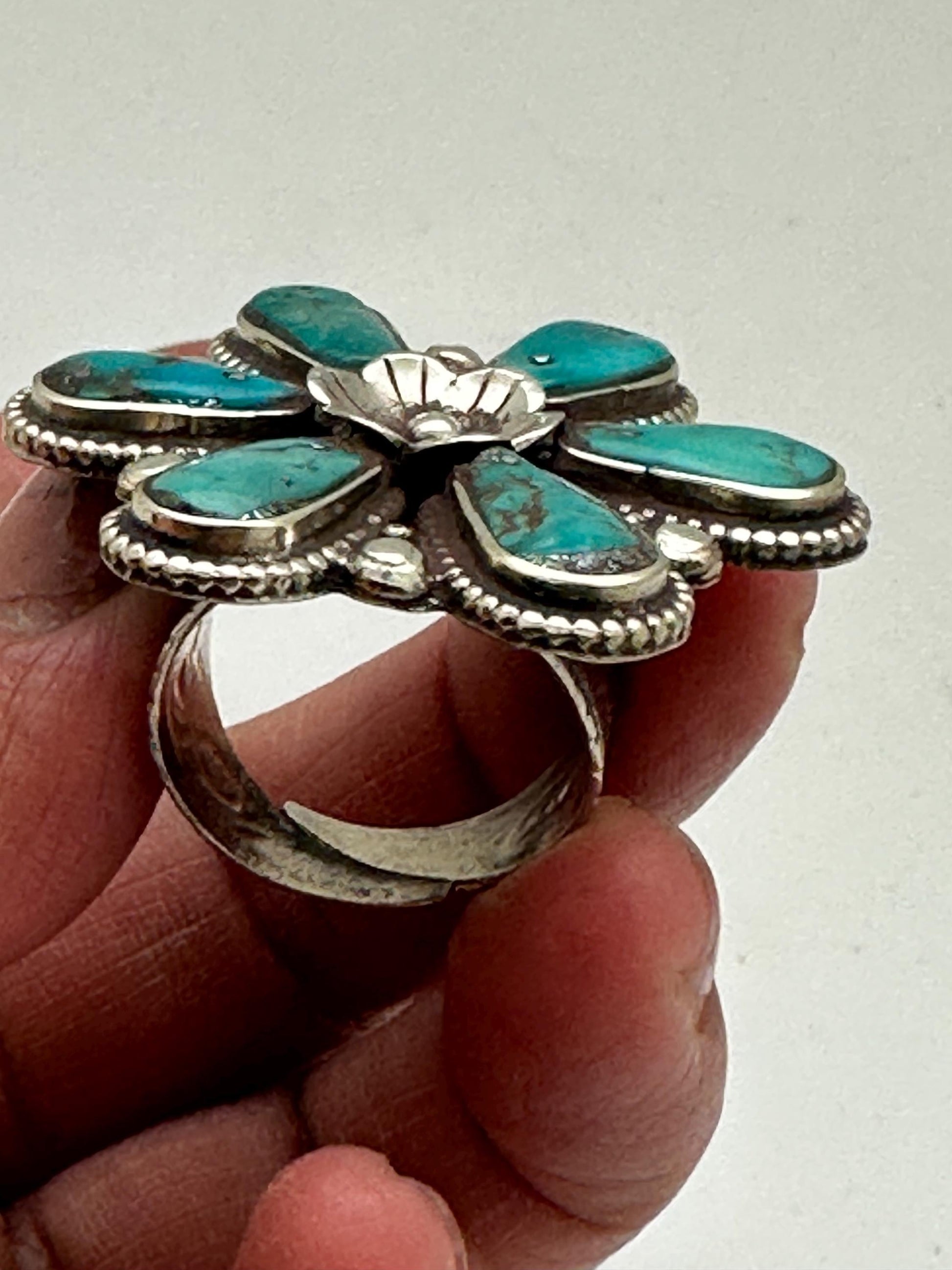 Turquoise Floral Ring, Handcrafted Tibetan Silver, Adjustable Ethnic Style (39mmX39mm)