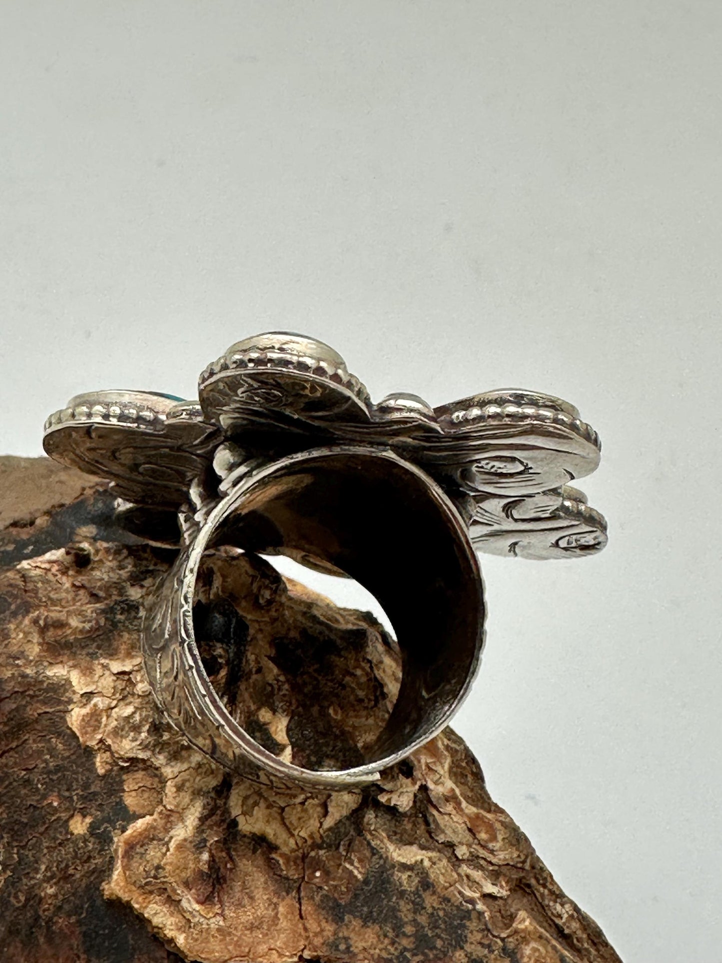 Turquoise Floral Ring, Handcrafted Tibetan Silver, Adjustable Ethnic Style (39mmX39mm)