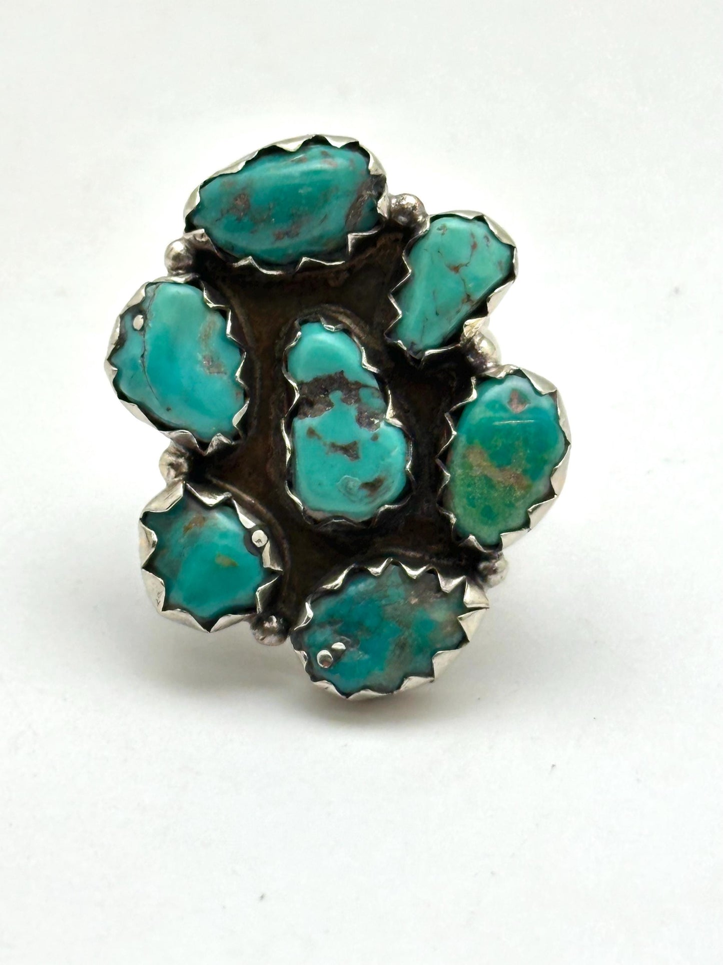 Handcrafted Turquoise Floral Ring, Tibetan Repousse Silver, Ethnic Style, Adjustable