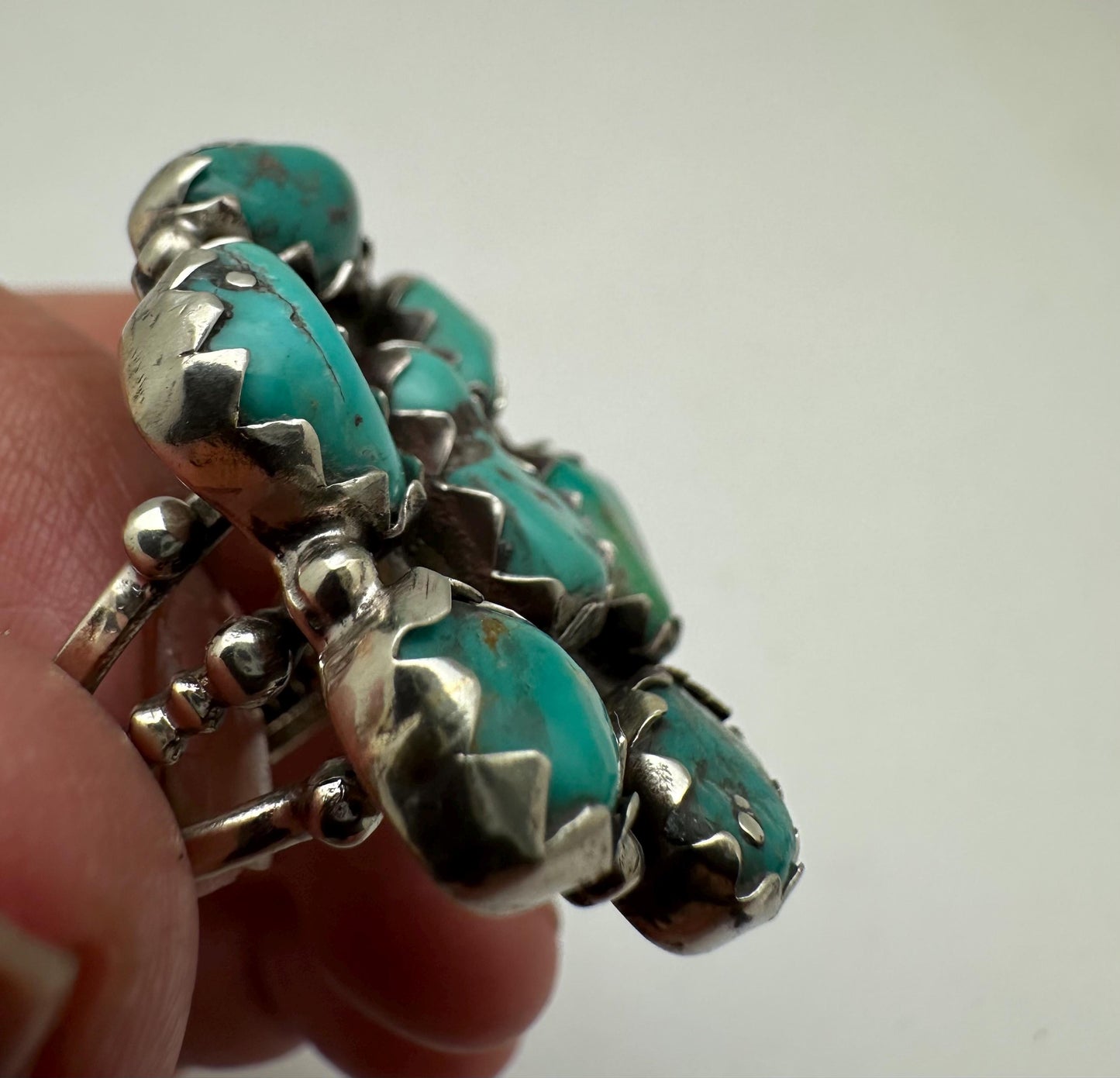Handcrafted Turquoise Floral Ring, Tibetan Repousse Silver, Ethnic Style, Adjustable