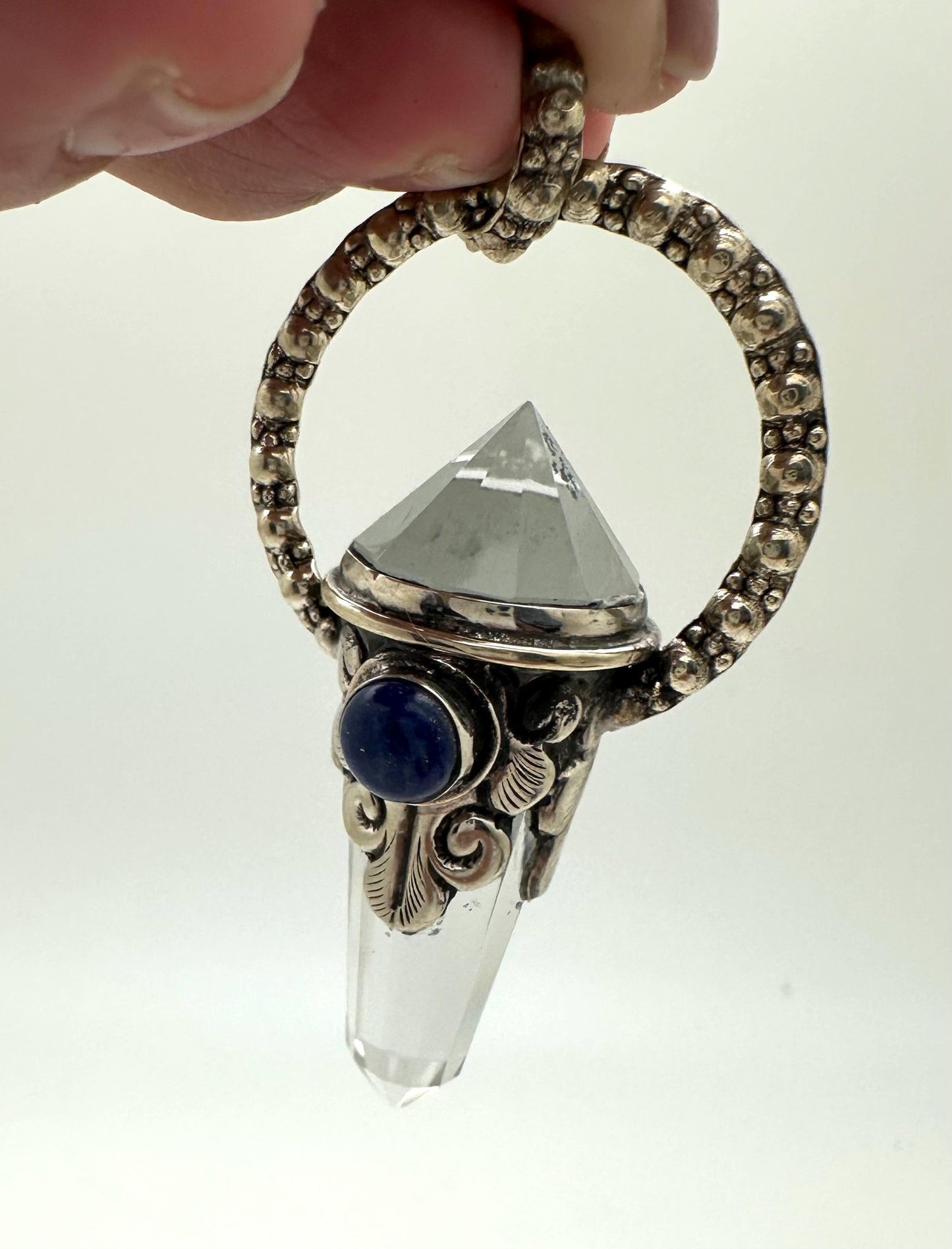 Quartz crystal double point pendant,lapis,handcrafted,Tibetan repousse silver, 70mmX17mm, weighs about 24gm