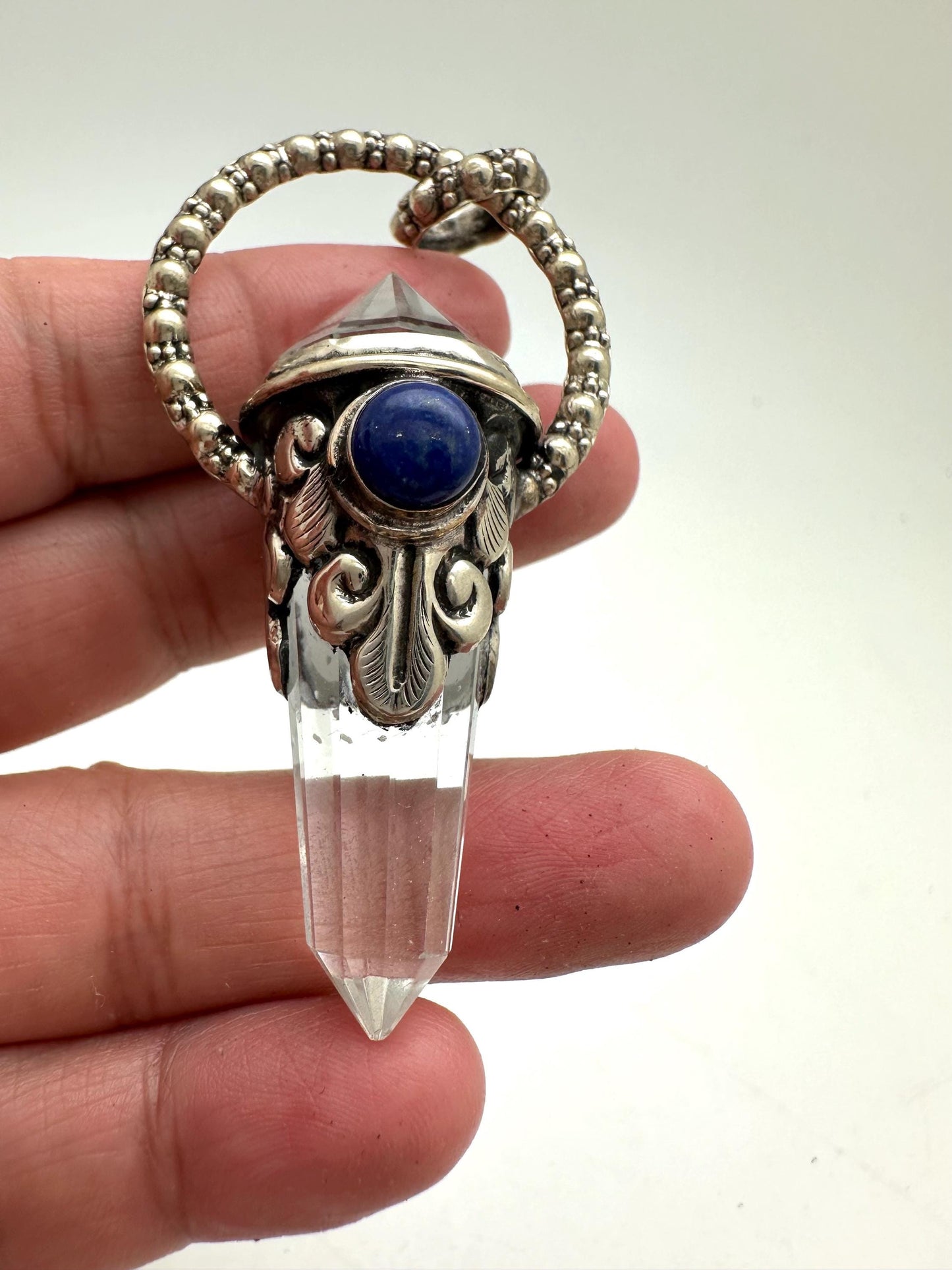 Quartz crystal double point pendant,lapis,handcrafted,Tibetan repousse silver, 70mmX17mm, weighs about 24gm
