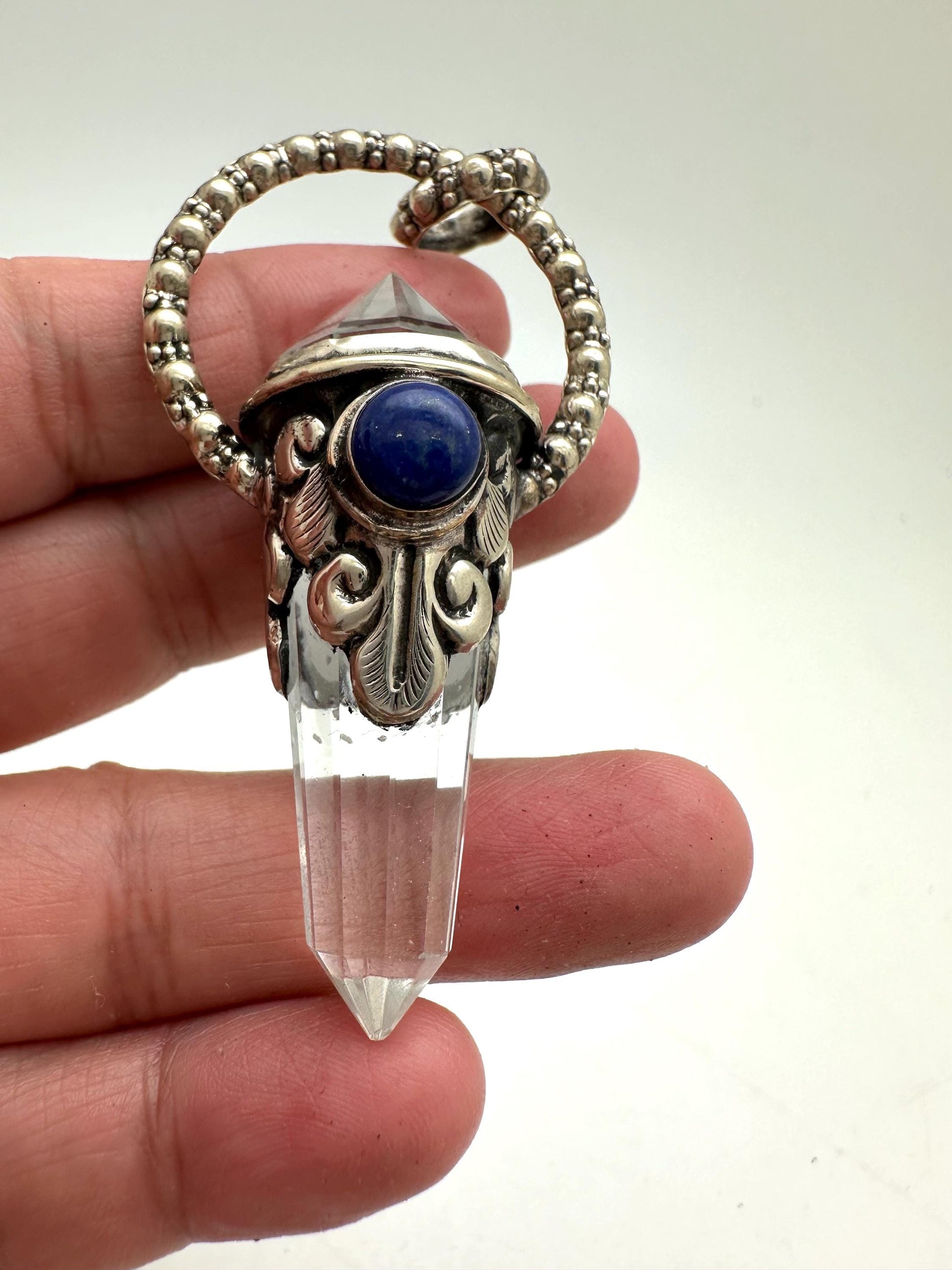 Quartz crystal double point pendant,lapis,handcrafted,Tibetan repousse silver, 70mmX17mm, weighs about 24gm