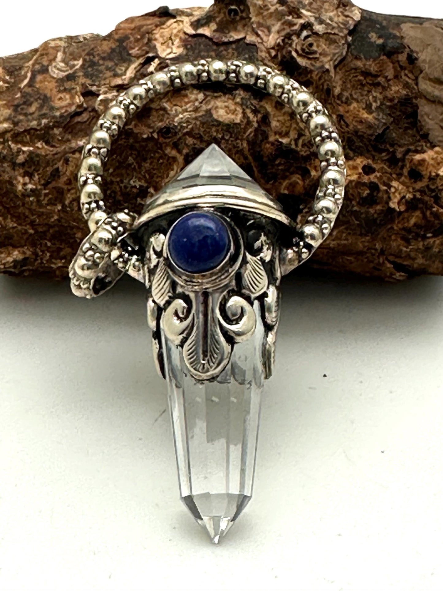 Quartz crystal double point pendant,lapis,handcrafted,Tibetan repousse silver, 70mmX17mm, weighs about 24gm