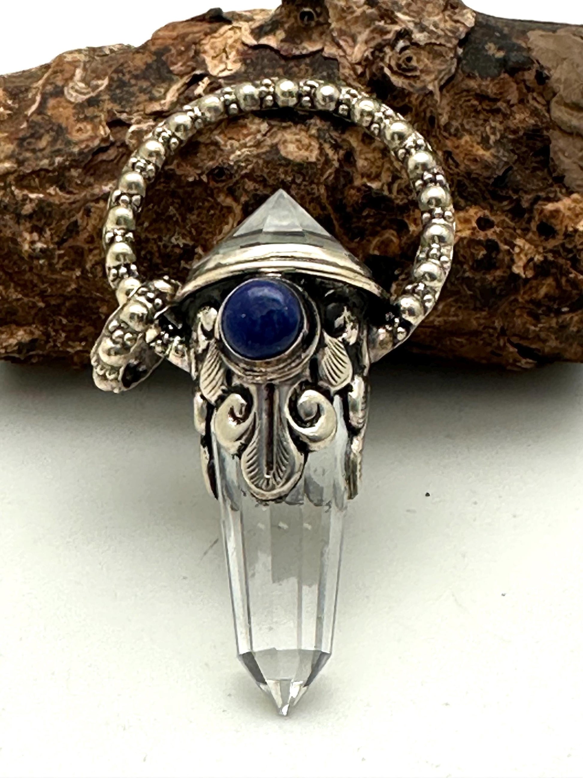 Quartz crystal double point pendant,lapis,handcrafted,Tibetan repousse silver, 70mmX17mm, weighs about 24gm