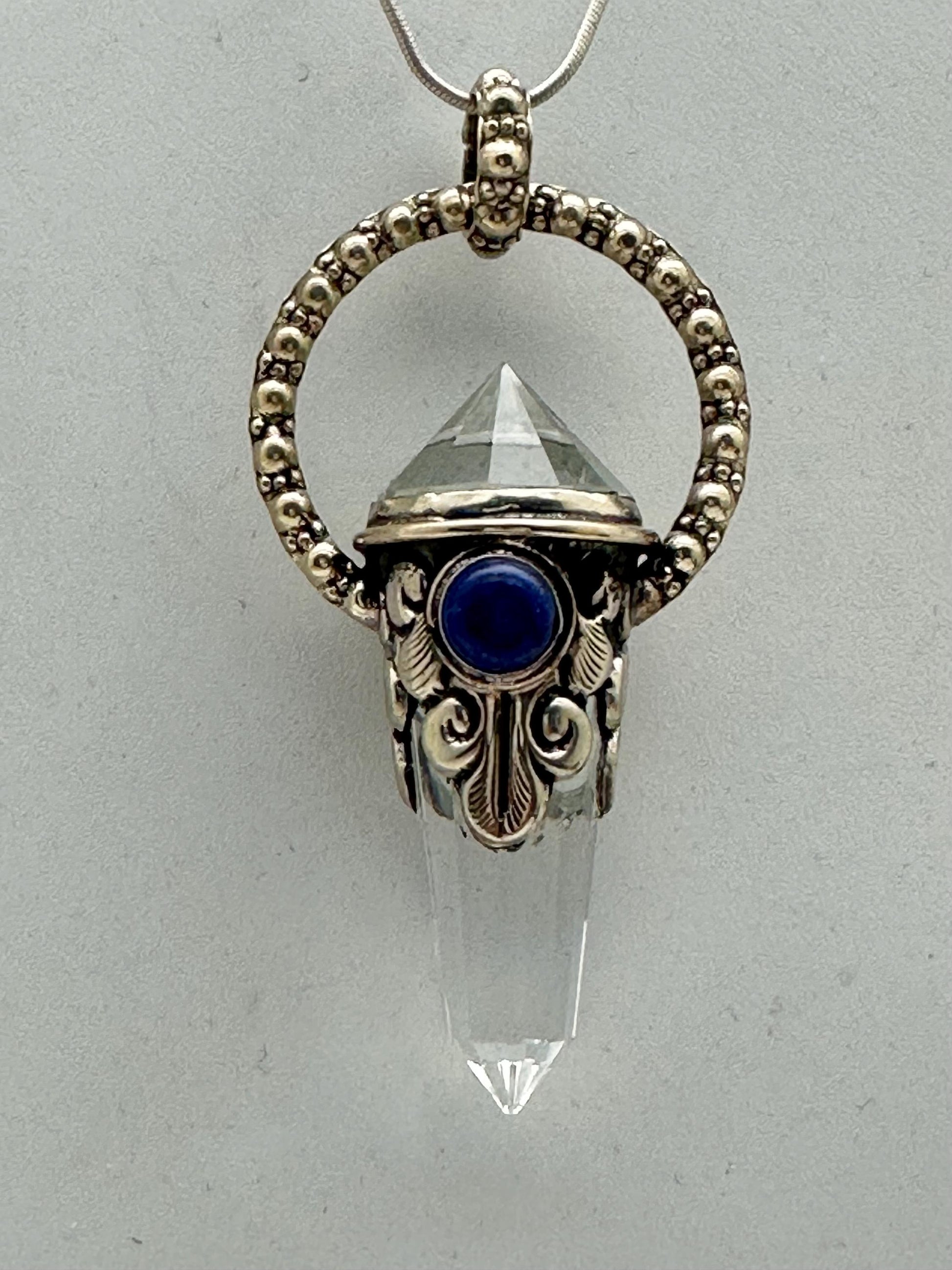 Quartz crystal double point pendant,lapis,handcrafted,Tibetan repousse silver, 70mmX17mm, weighs about 24gm