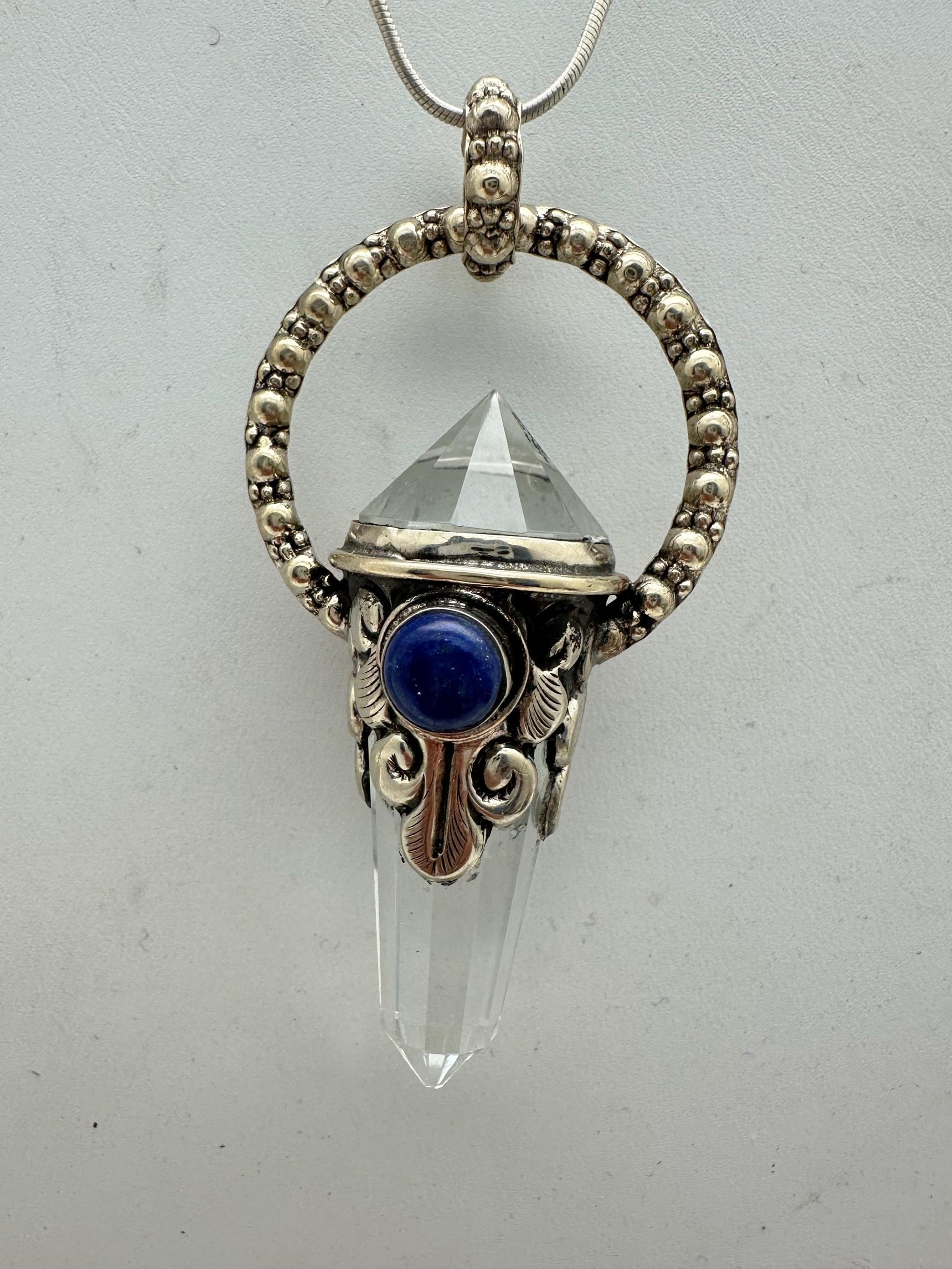 Quartz crystal double point pendant,lapis,handcrafted,Tibetan repousse silver, 70mmX17mm, weighs about 24gm