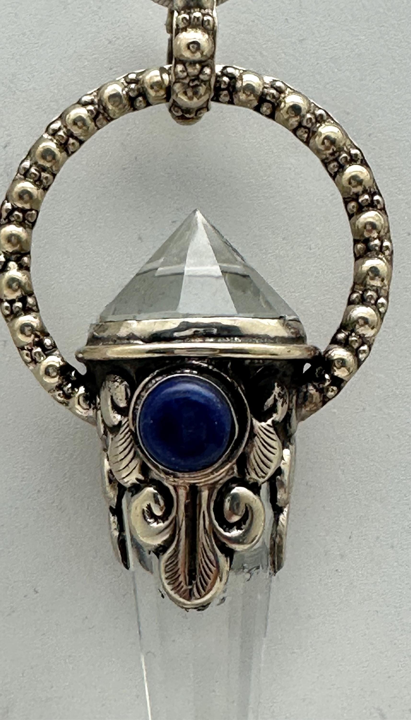 Quartz crystal double point pendant,lapis,handcrafted,Tibetan repousse silver, 70mmX17mm, weighs about 24gm