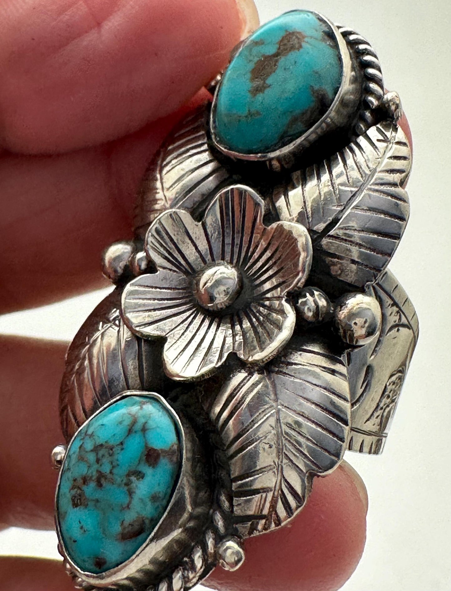 Turquoise ring, handcrafted, Tibetan silver, floral design,ethnic style,adjustable ,43mmX24mm weighs about 13gm