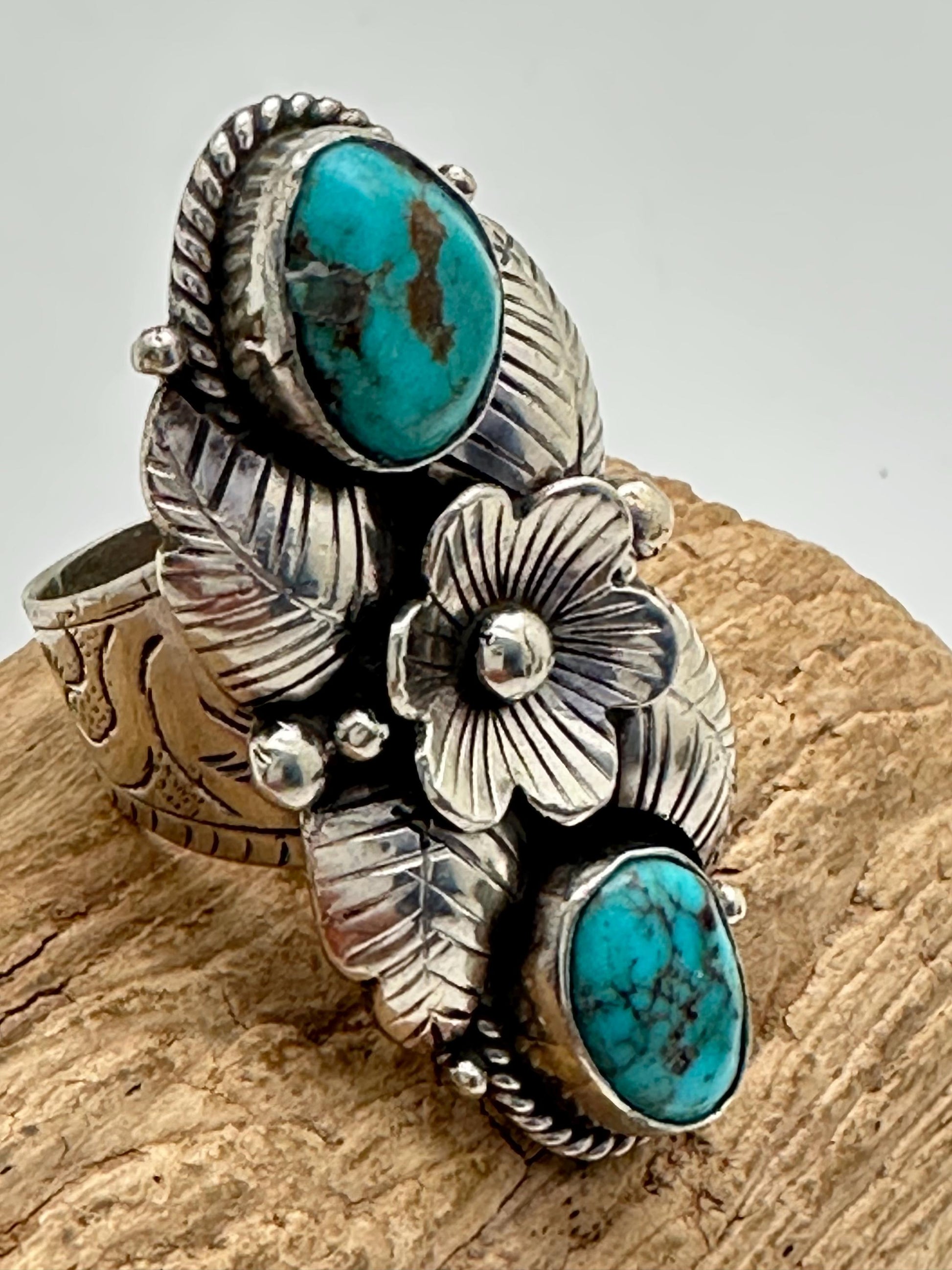 Turquoise ring, handcrafted, Tibetan silver, floral design,ethnic style,adjustable ,43mmX24mm weighs about 13gm