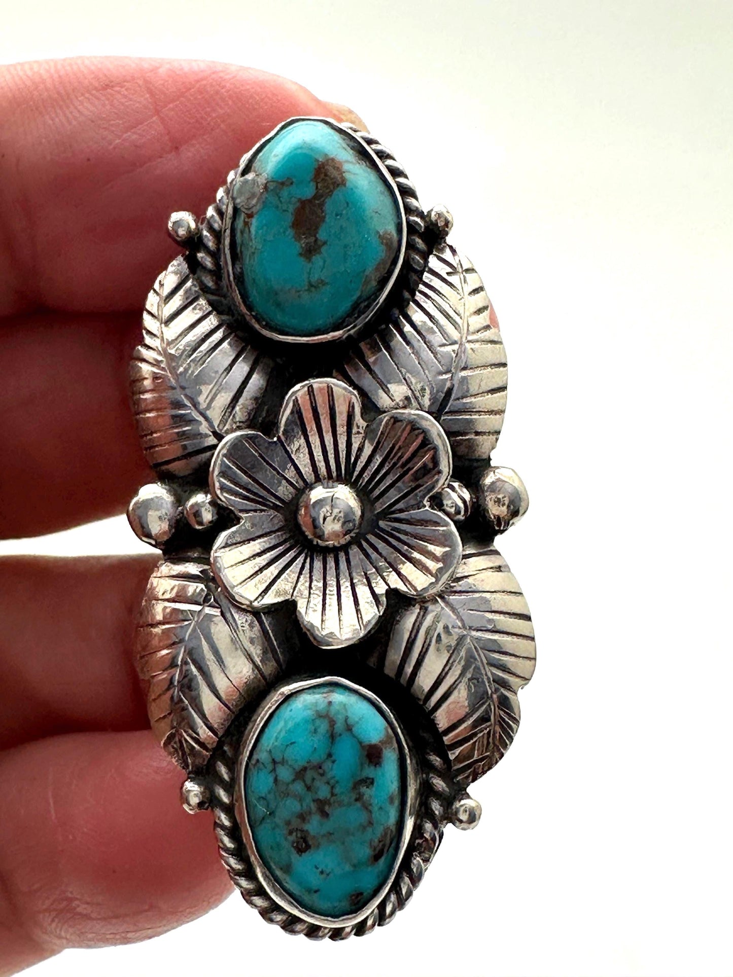 Turquoise ring, handcrafted, Tibetan silver, floral design,ethnic style,adjustable ,43mmX24mm weighs about 13gm