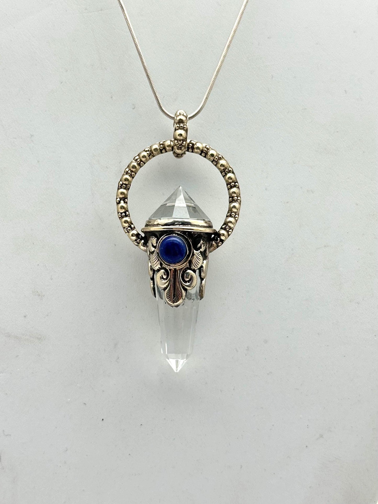 Quartz crystal double point pendant,lapis,handcrafted,Tibetan repousse silver, 70mmX17mm, weighs about 24gm