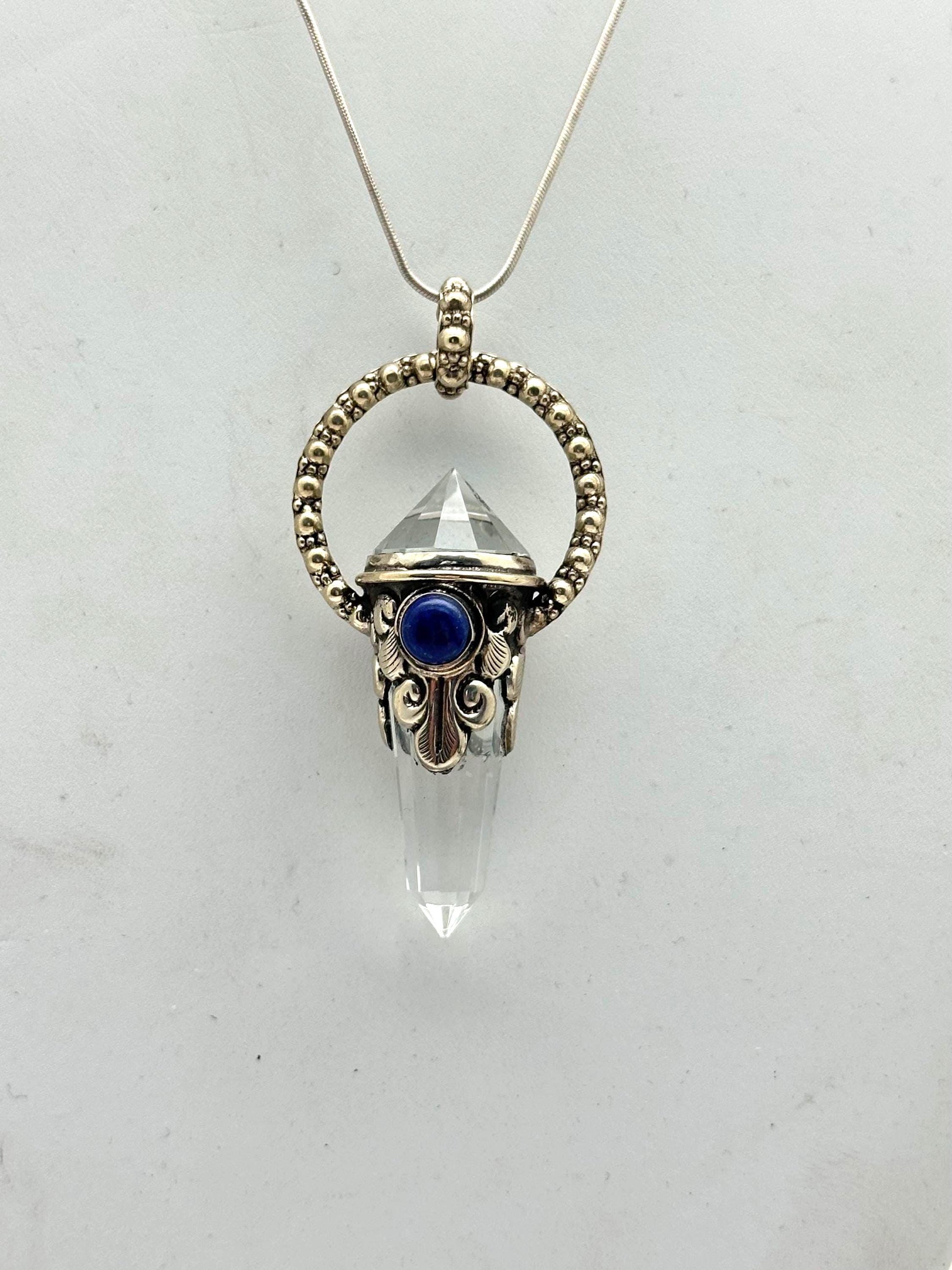 Quartz crystal double point pendant,lapis,handcrafted,Tibetan repousse silver, 70mmX17mm, weighs about 24gm