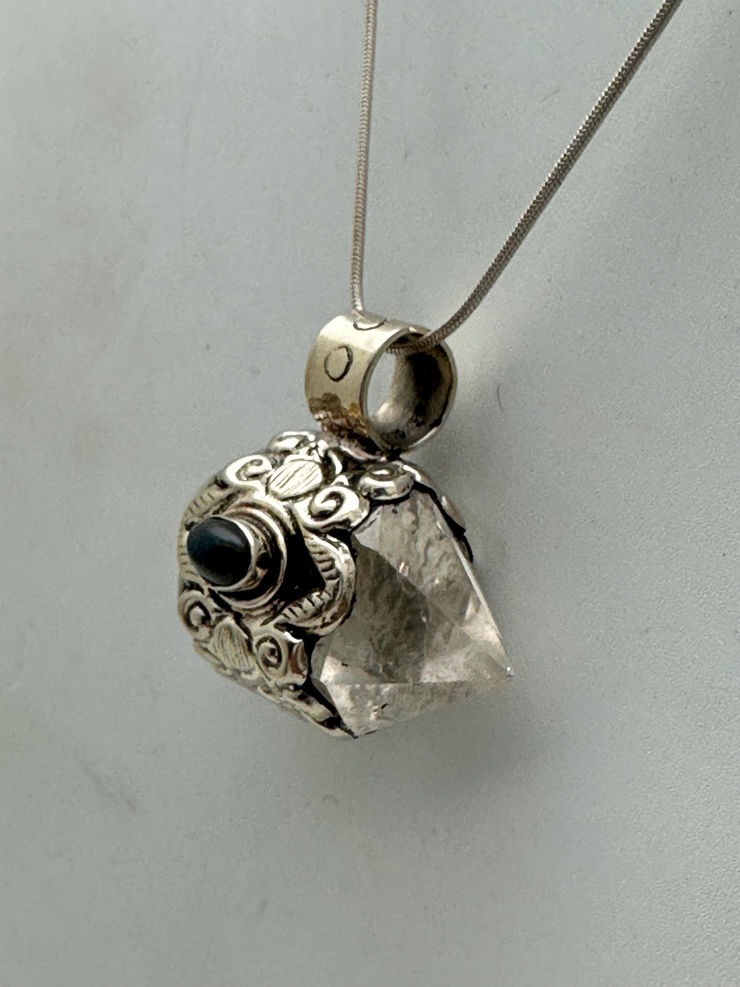 Handcrafted Quartz Double Point Pendant, Tibetan Repousse Silver, Labradorite (30mmX36mm)