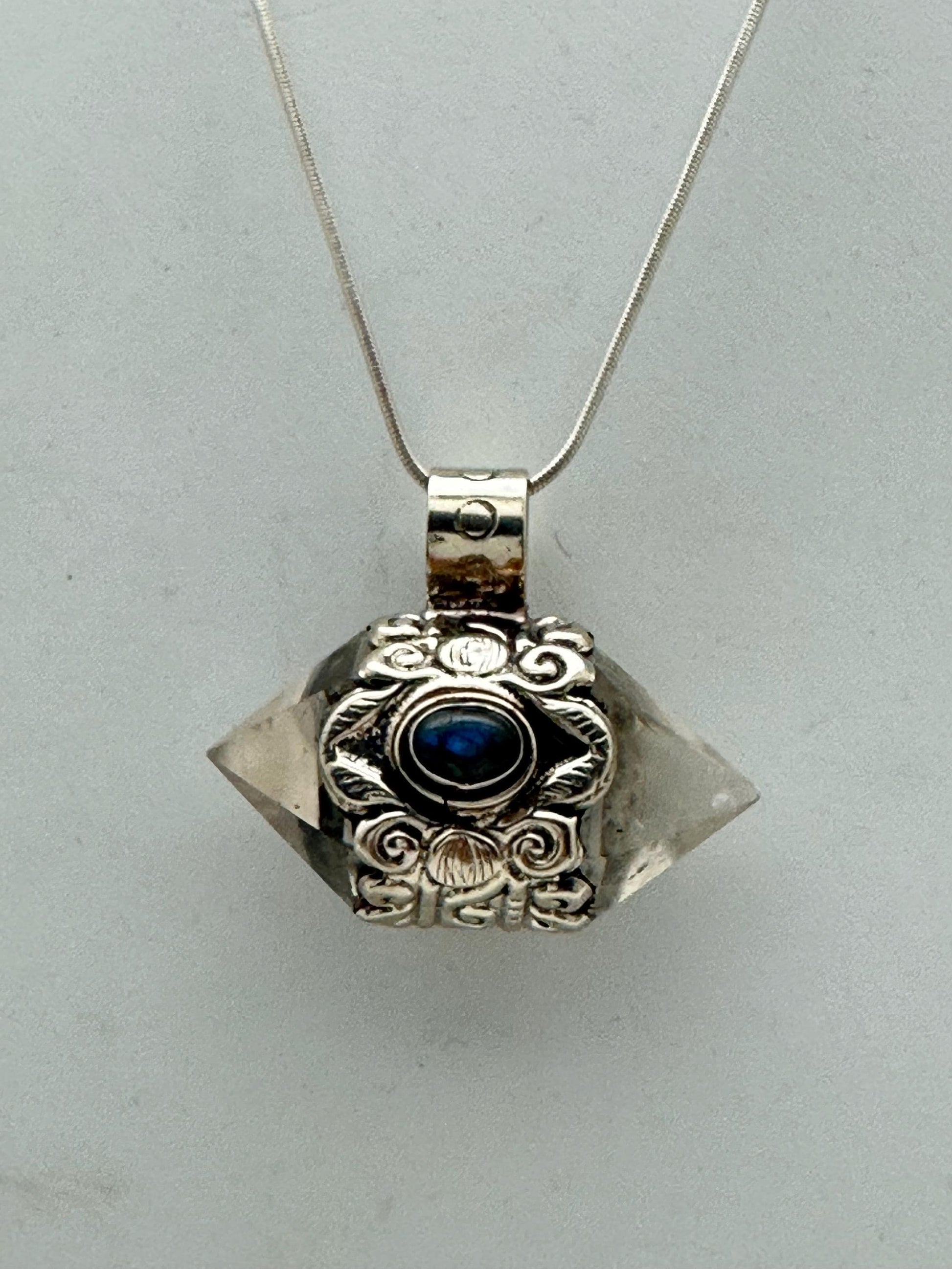 Handcrafted Quartz Double Point Pendant, Tibetan Repousse Silver, Labradorite (30mmX36mm)