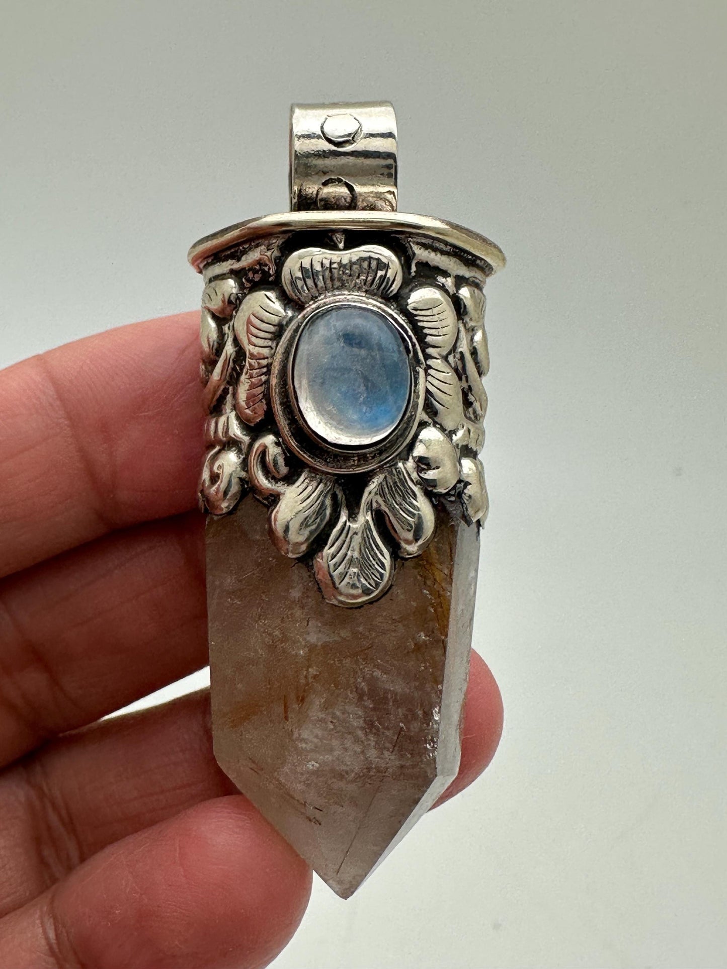 Golden Redulited point pendant, moonstone, handcrafted, Tibetan silver,ethnic style,56X18mm