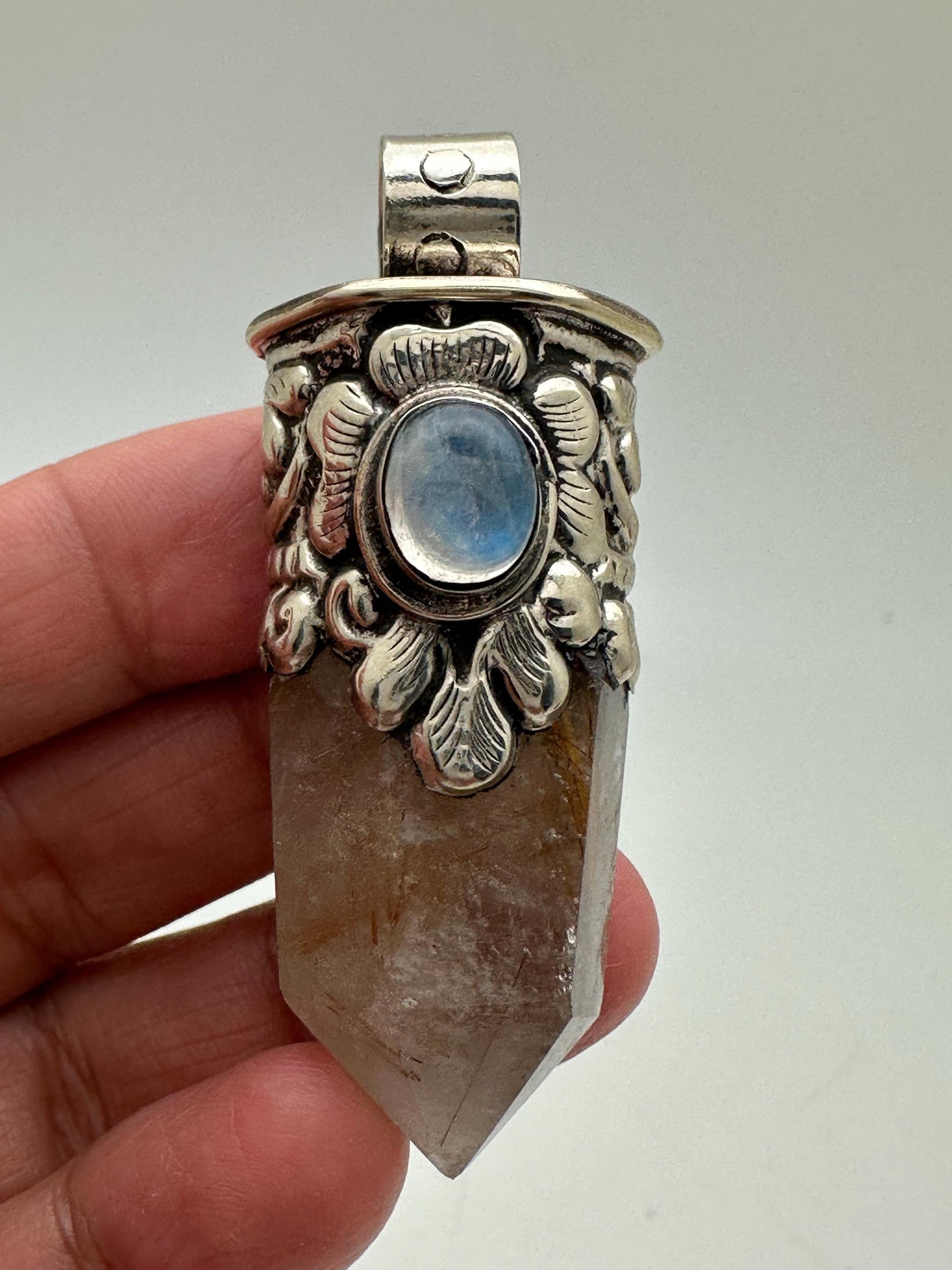 Golden Redulited point pendant, moonstone, handcrafted, Tibetan silver,ethnic style,56X18mm