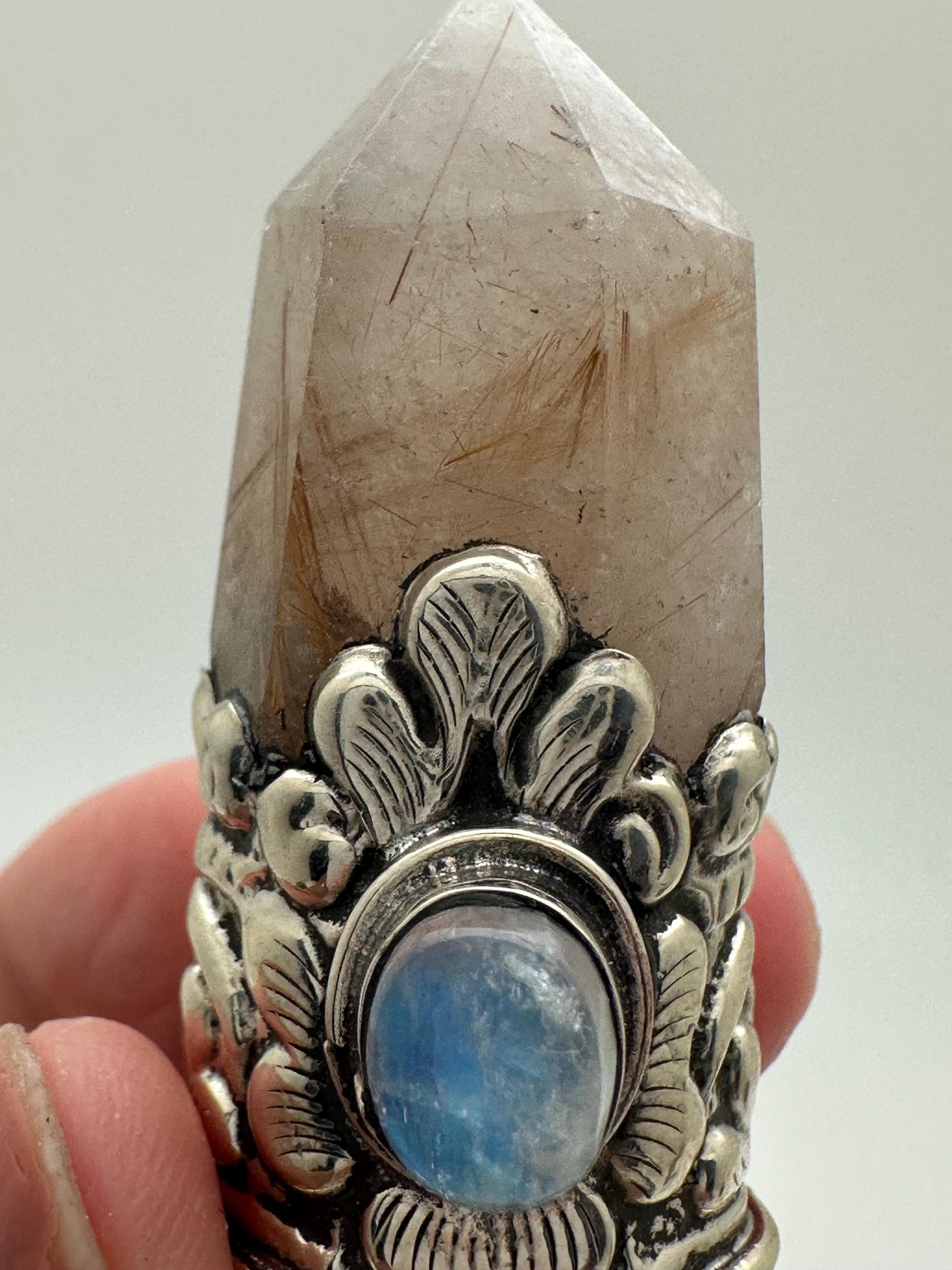 Golden Redulited point pendant, moonstone, handcrafted, Tibetan silver,ethnic style,56X18mm