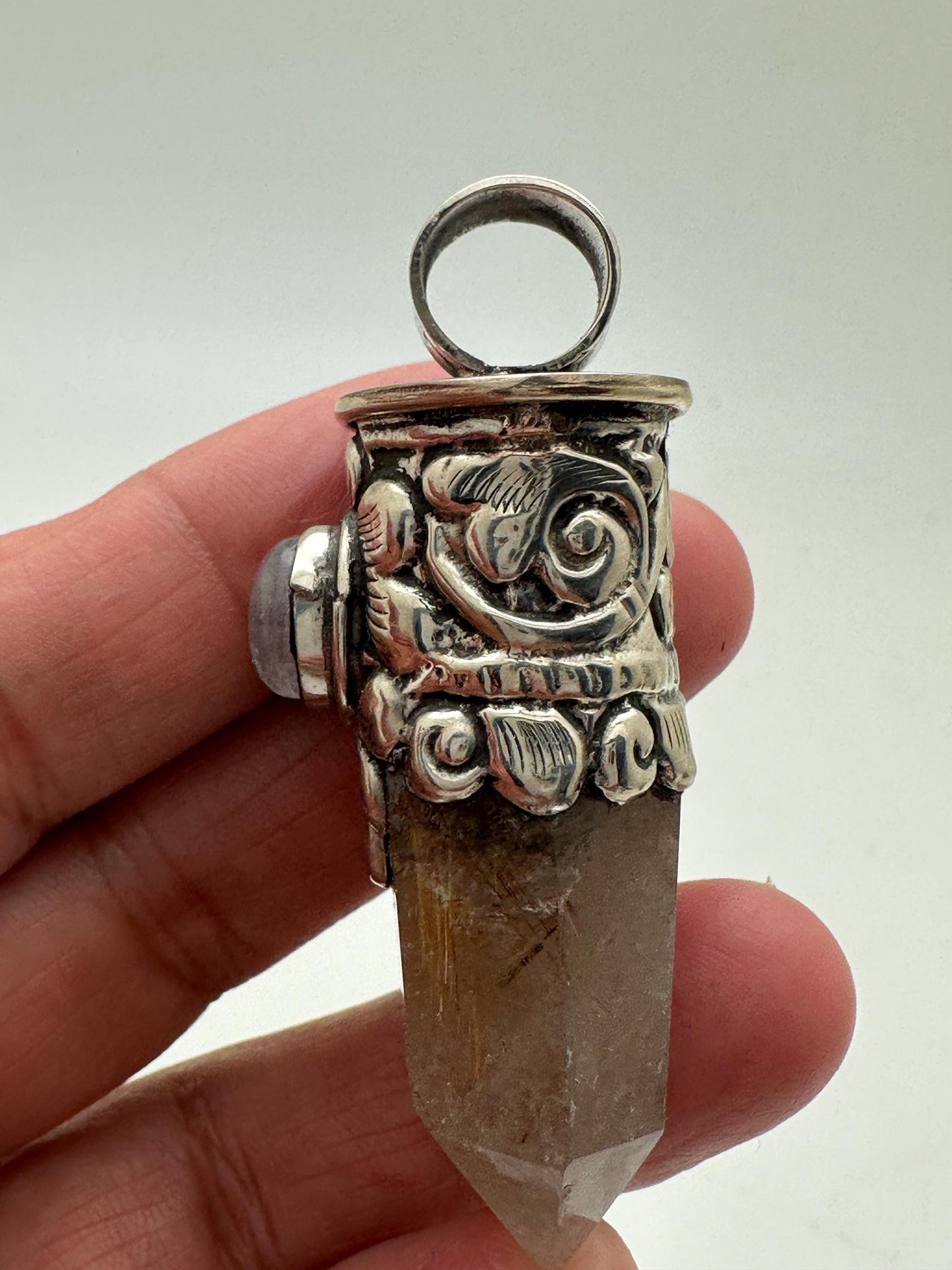 Golden Redulited point pendant, moonstone, handcrafted, Tibetan silver,ethnic style,56X18mm