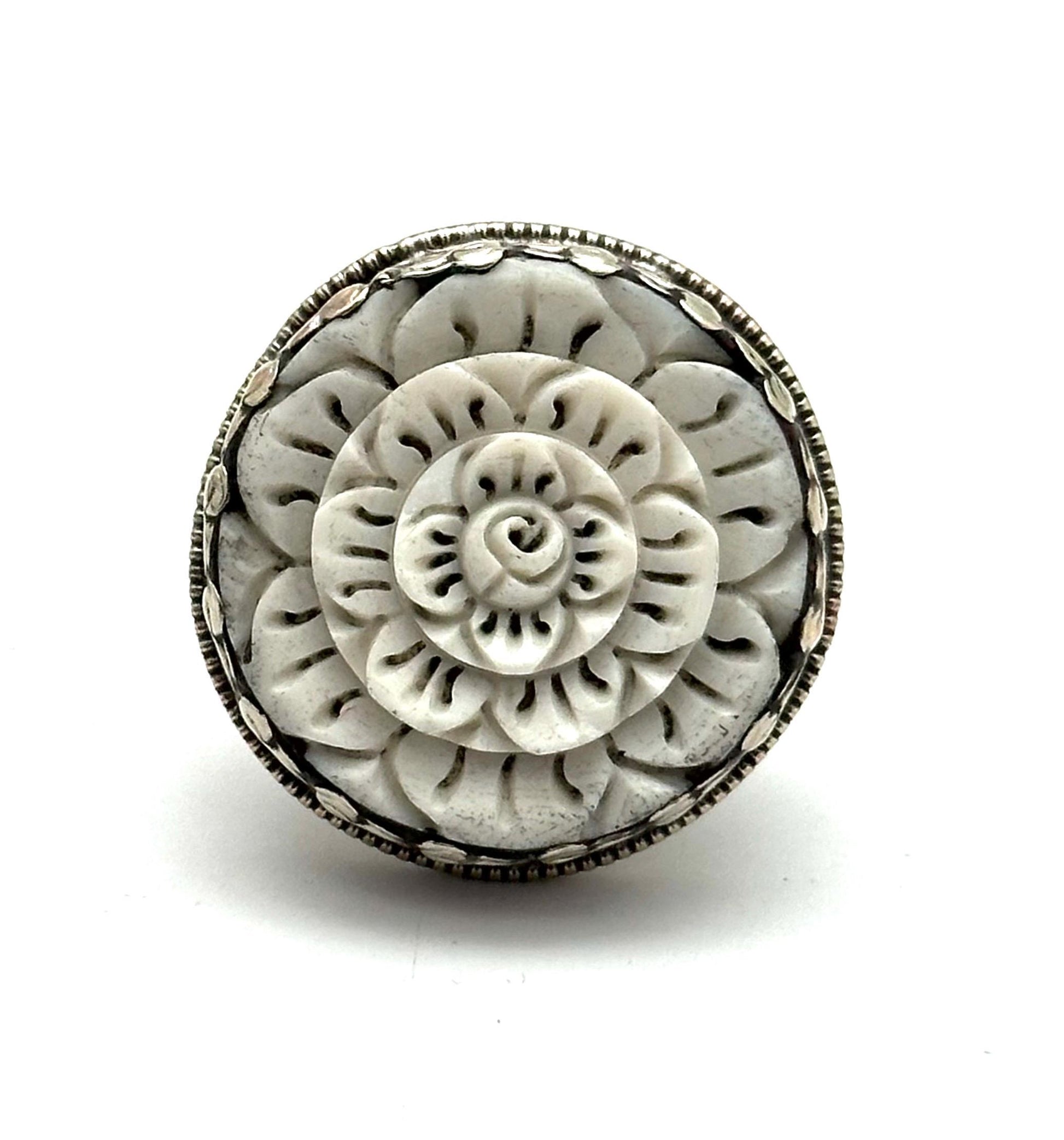 Bone carved flower,adjustable ring,handcrafted, Tibetan silver,Nepalese