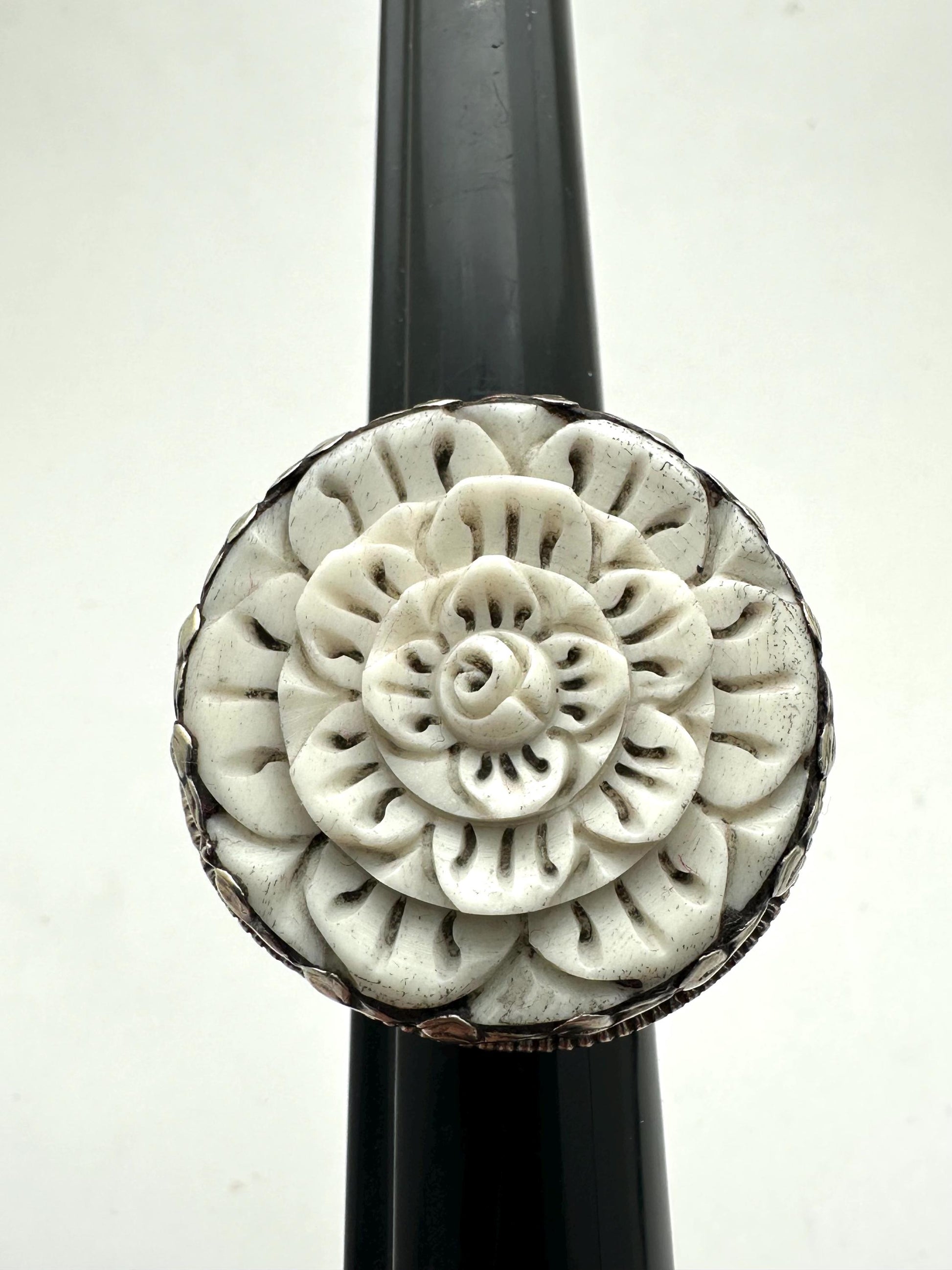 Bone carved flower,adjustable ring,handcrafted, Tibetan silver,Nepalese