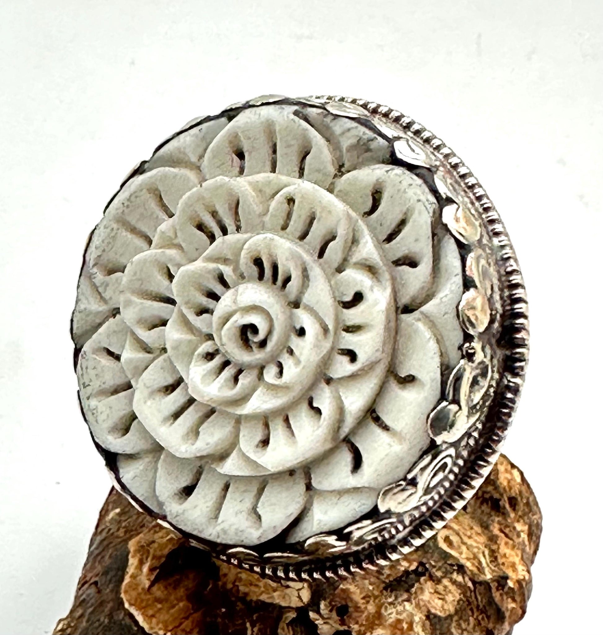 Bone carved flower,adjustable ring,handcrafted, Tibetan silver,Nepalese