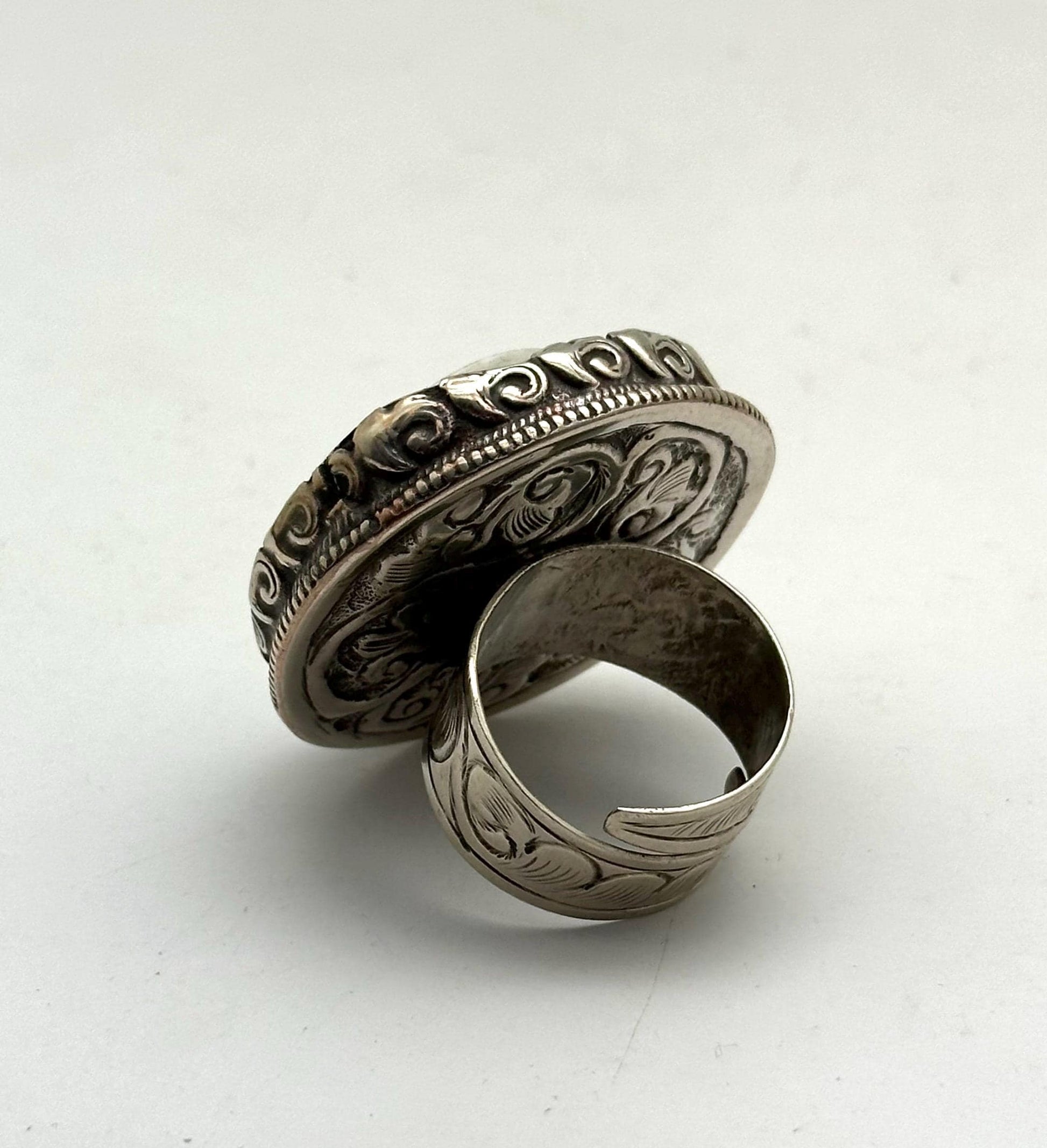 Bone carved rose ring,handcrafted,Tibetan silver,adjustable,ethnic style ,Nepalese