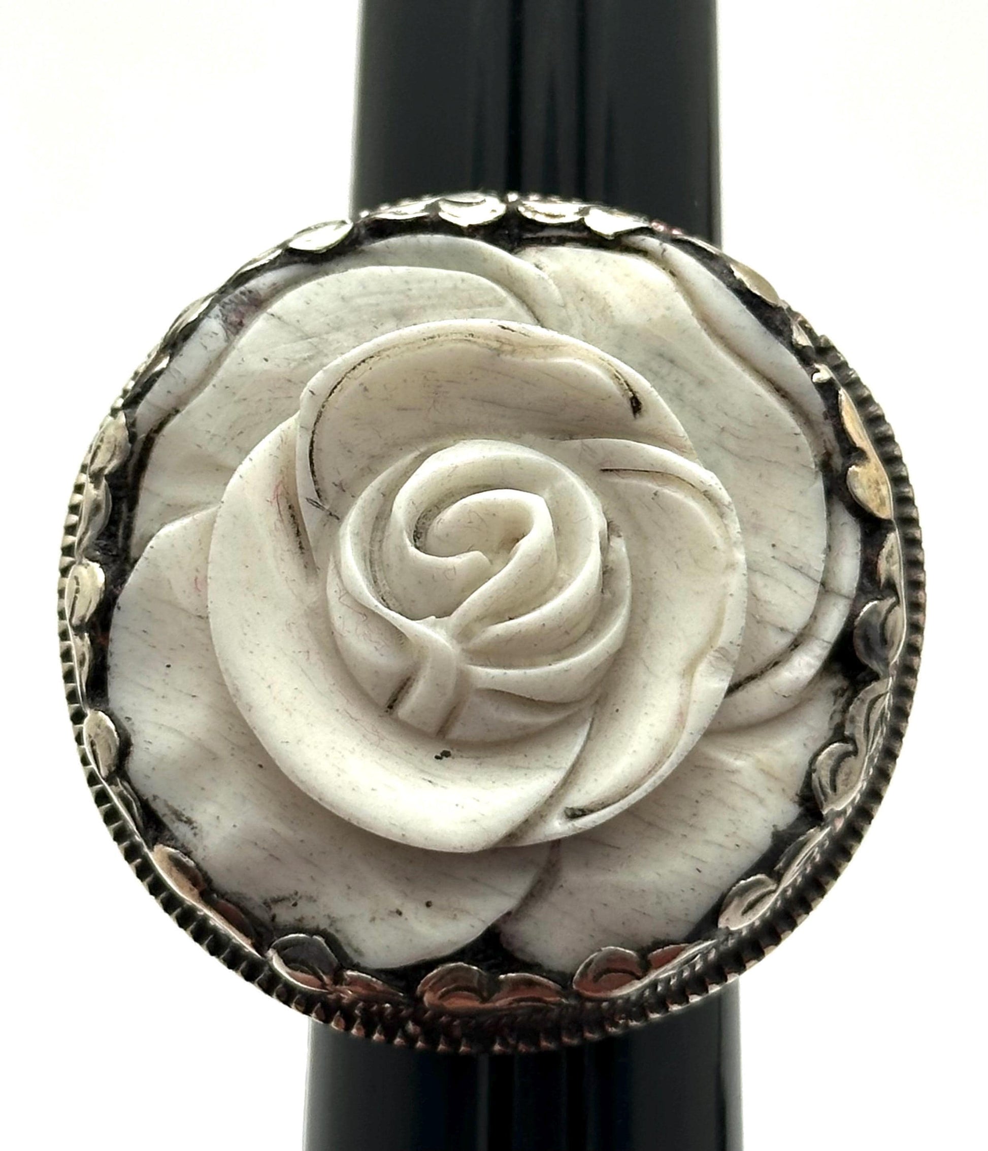 Bone carved rose ring,handcrafted,Tibetan silver,adjustable,ethnic style ,Nepalese
