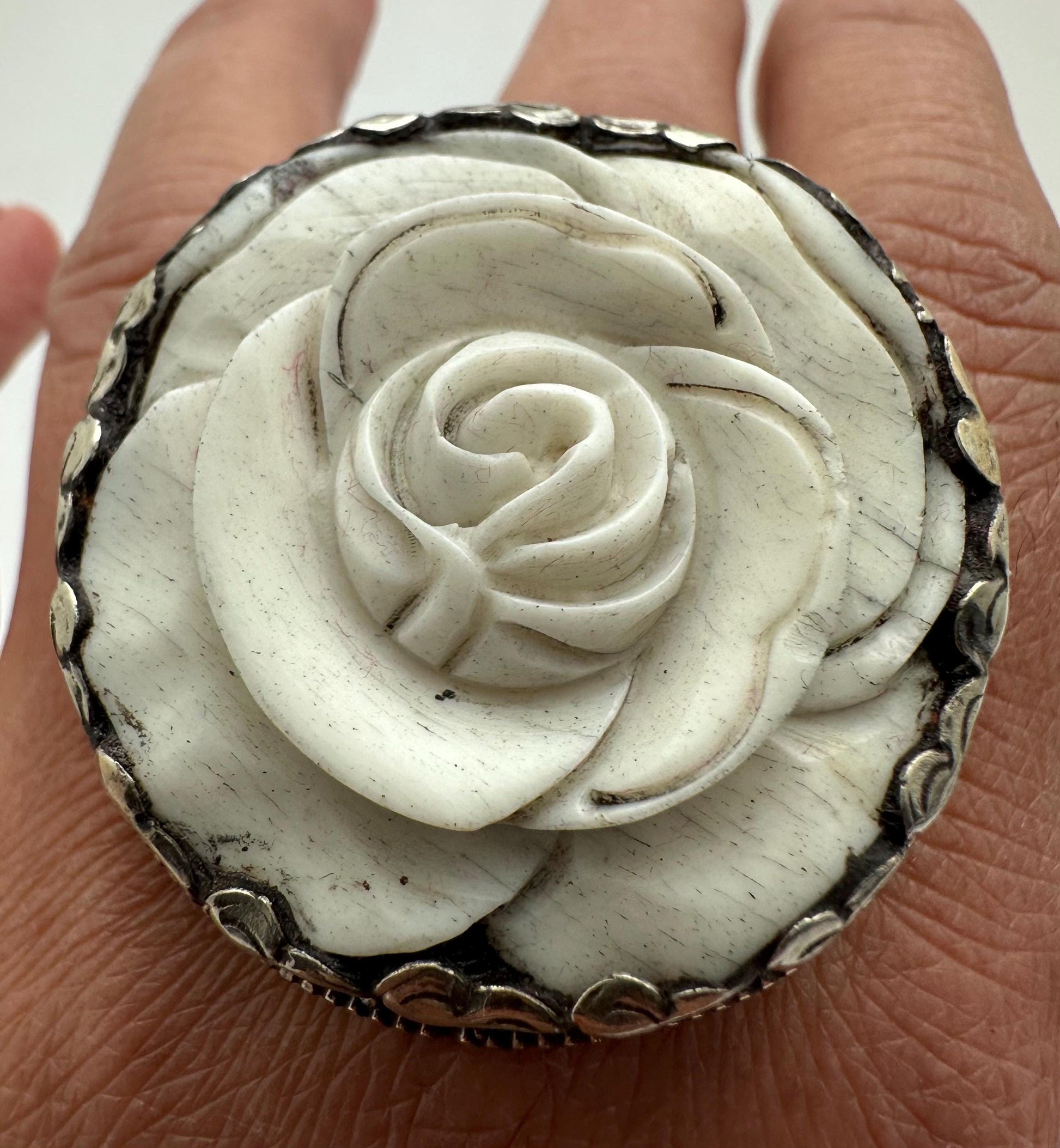 Bone carved rose ring,handcrafted,Tibetan silver,adjustable,ethnic style ,Nepalese