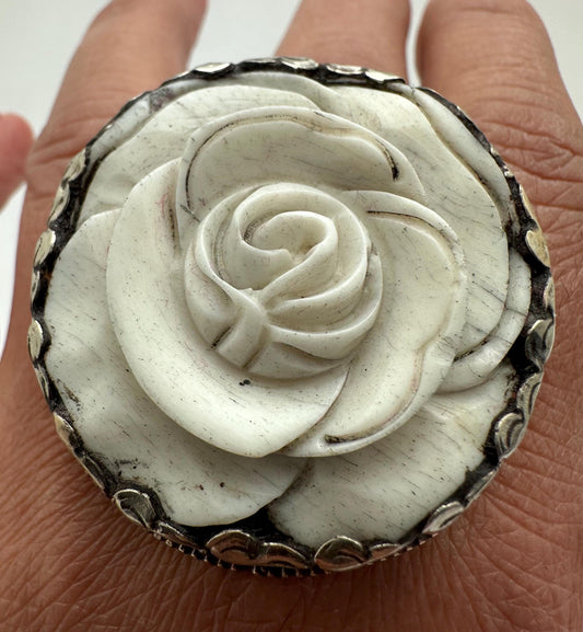 Bone carved rose ring,handcrafted,Tibetan silver,adjustable,ethnic style ,Nepalese