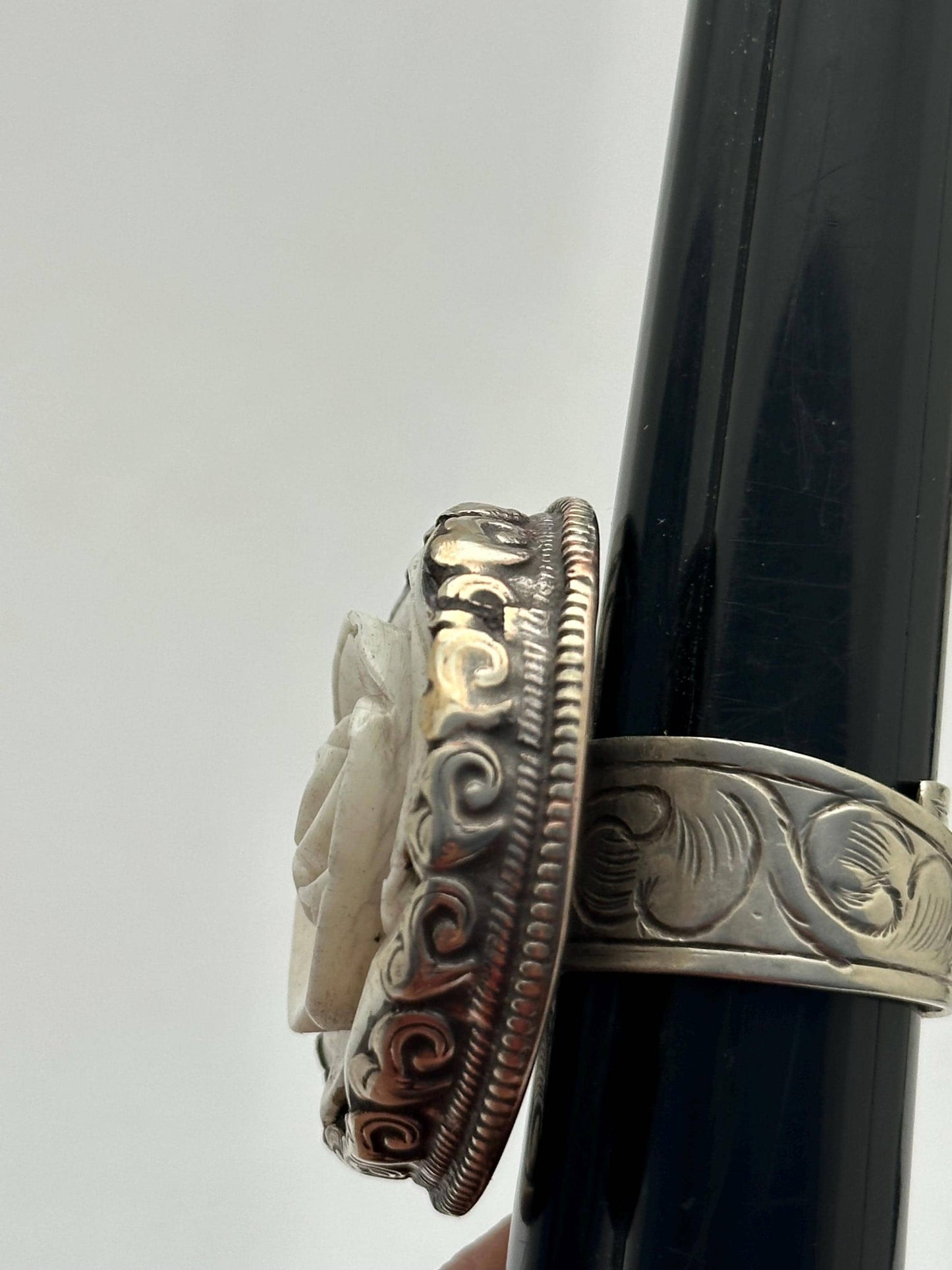 Bone carved rose ring,handcrafted,Tibetan silver,adjustable,ethnic style ,Nepalese