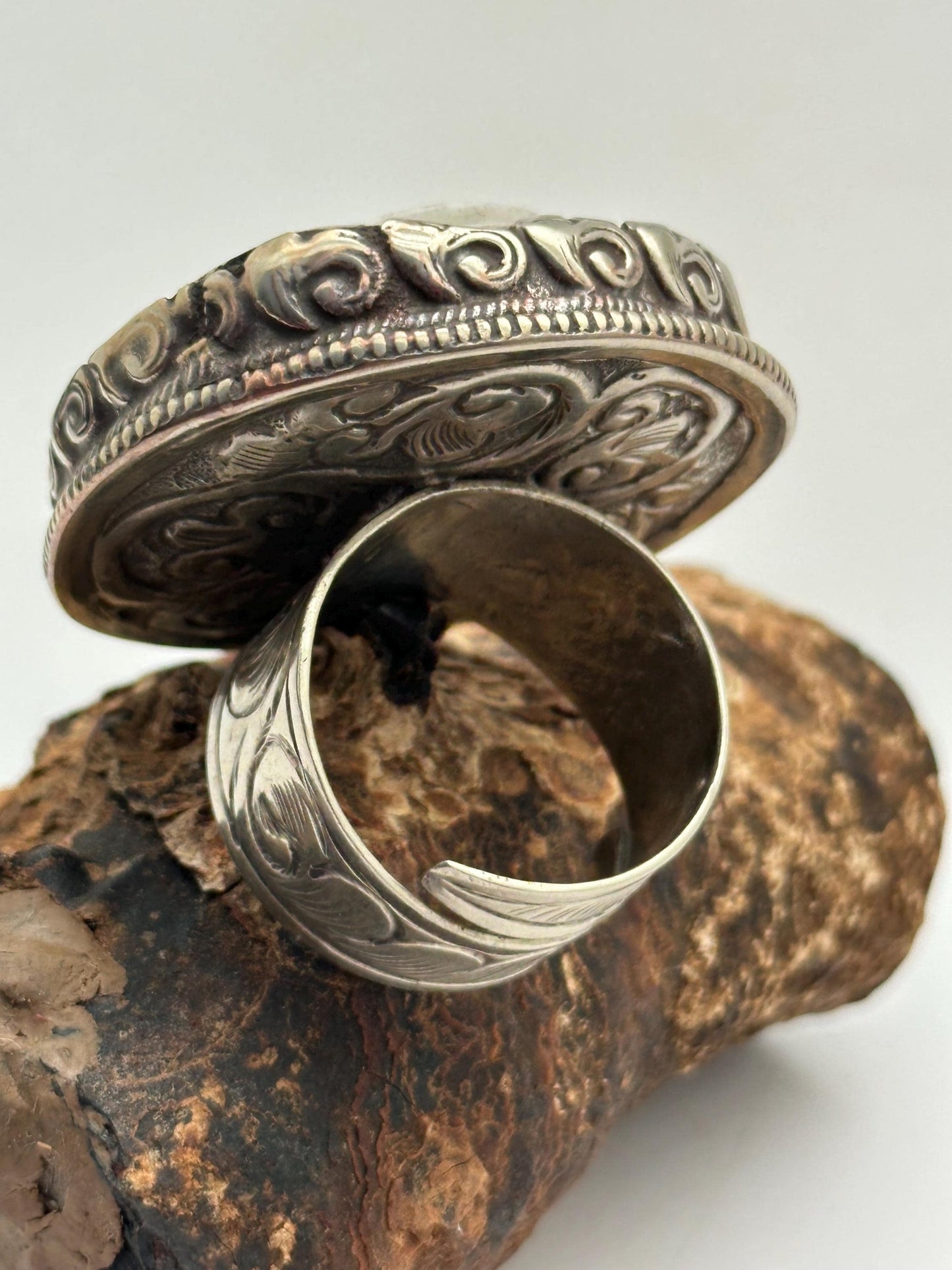 Bone carved rose ring,handcrafted,Tibetan silver,adjustable,ethnic style ,Nepalese