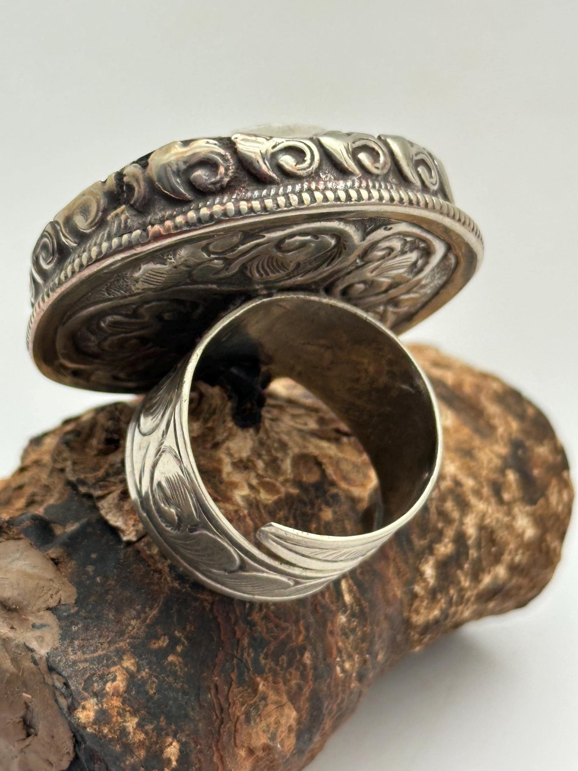 Bone carved rose ring,handcrafted,Tibetan silver,adjustable,ethnic style ,Nepalese