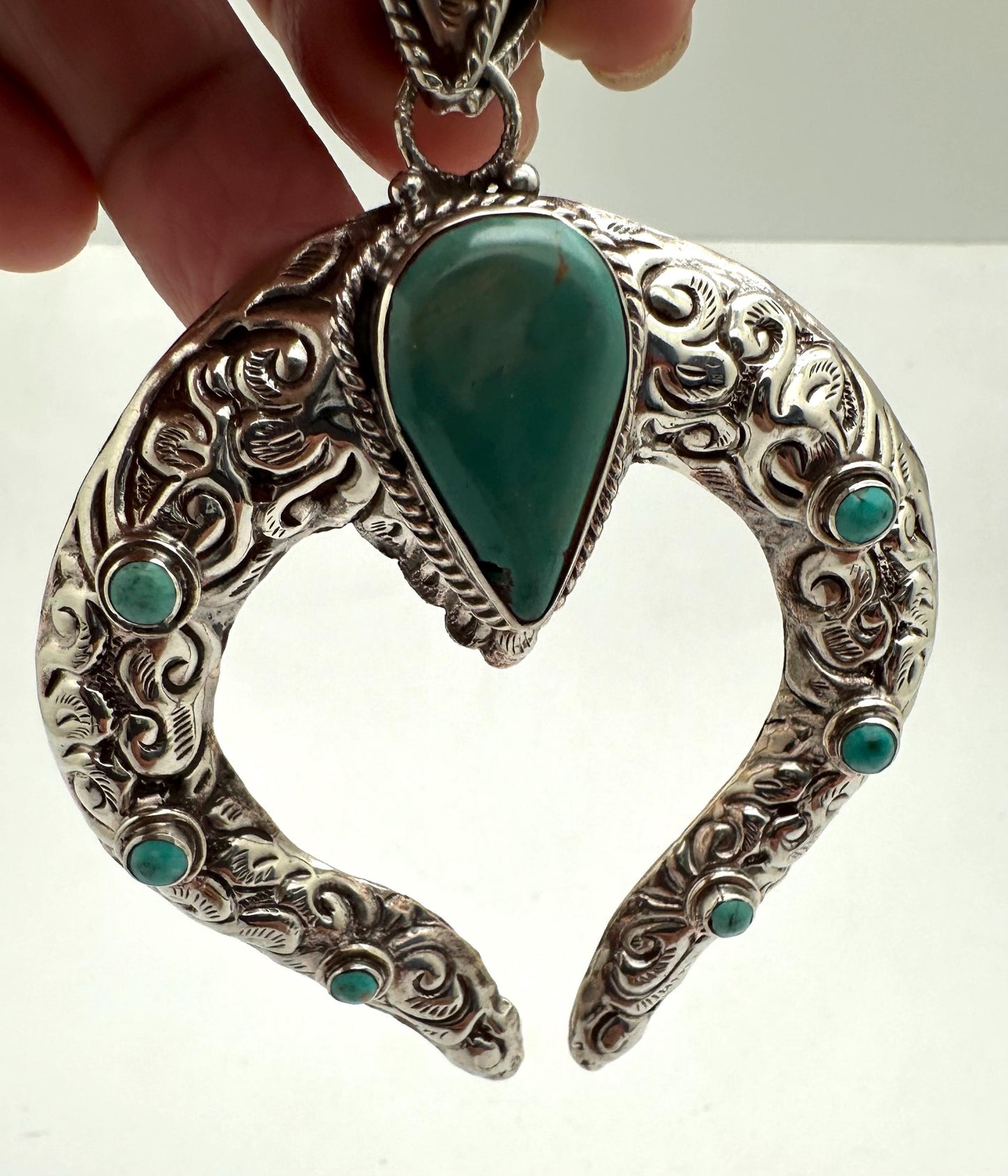 Natural turquoise squash blossom pendant, handcrafted, Tibetan repousse silver,87.5X66.6 mm