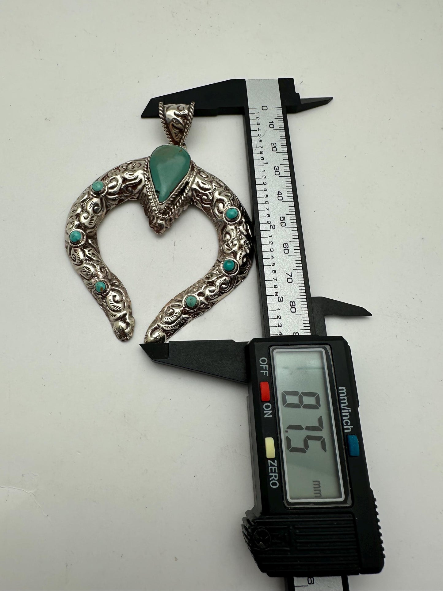 Natural turquoise squash blossom pendant, handcrafted, Tibetan repousse silver,87.5X66.6 mm