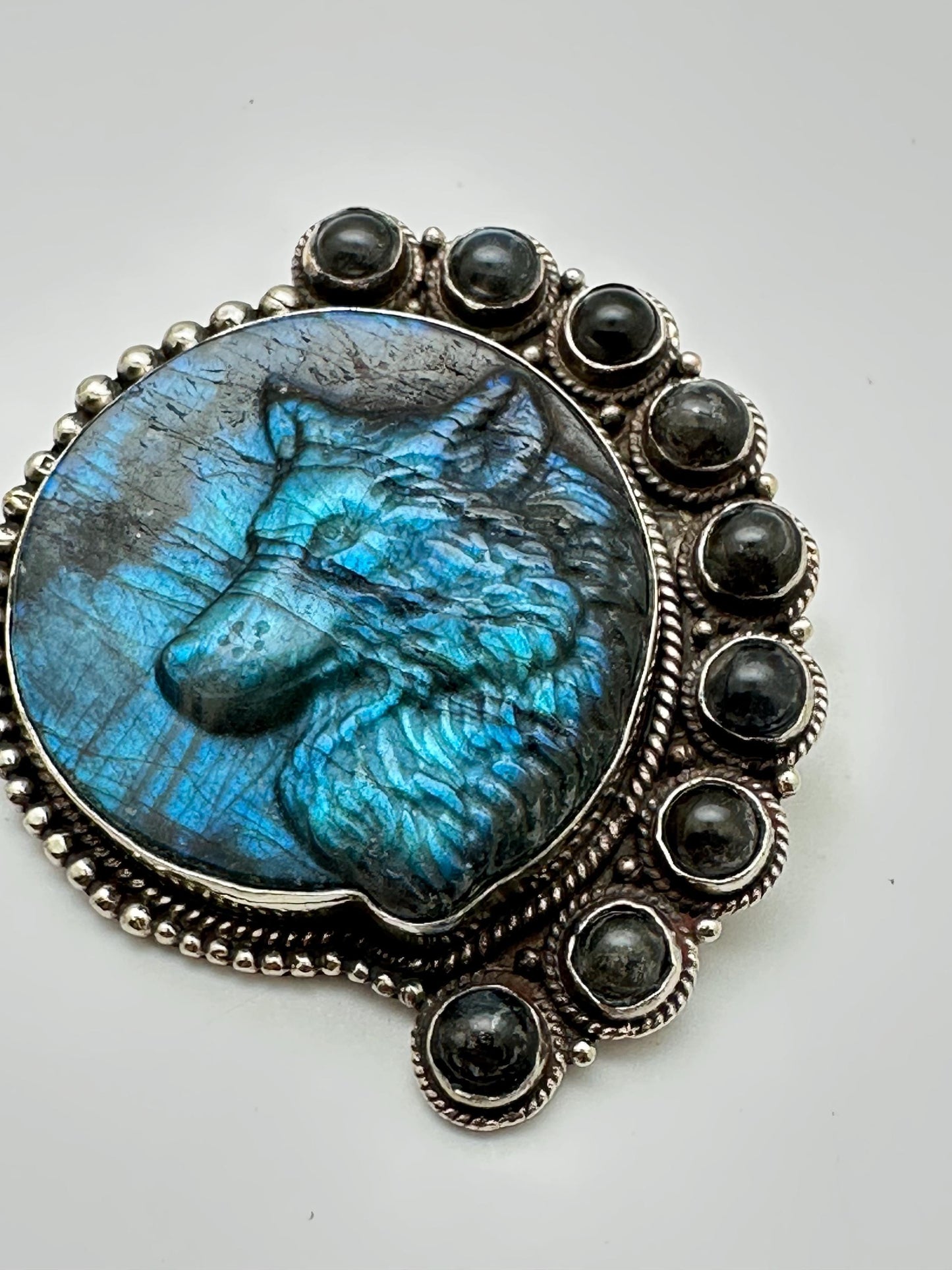 Wolf pendant, labradorite carved,handcrafted, Tibetan silver,67mmX56.7mm and weighs 54 gm