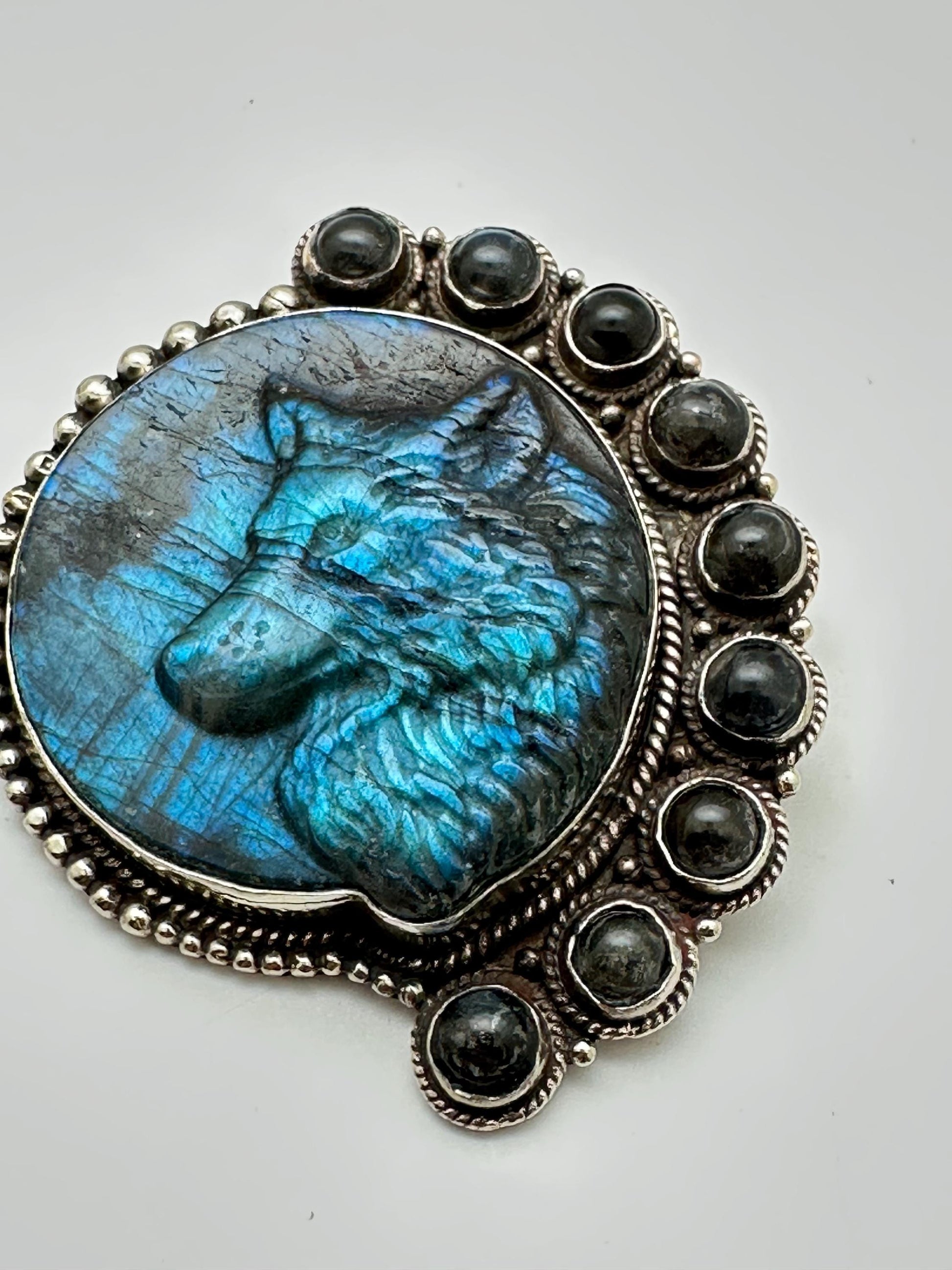 Wolf pendant, labradorite carved,handcrafted, Tibetan silver,67mmX56.7mm and weighs 54 gm