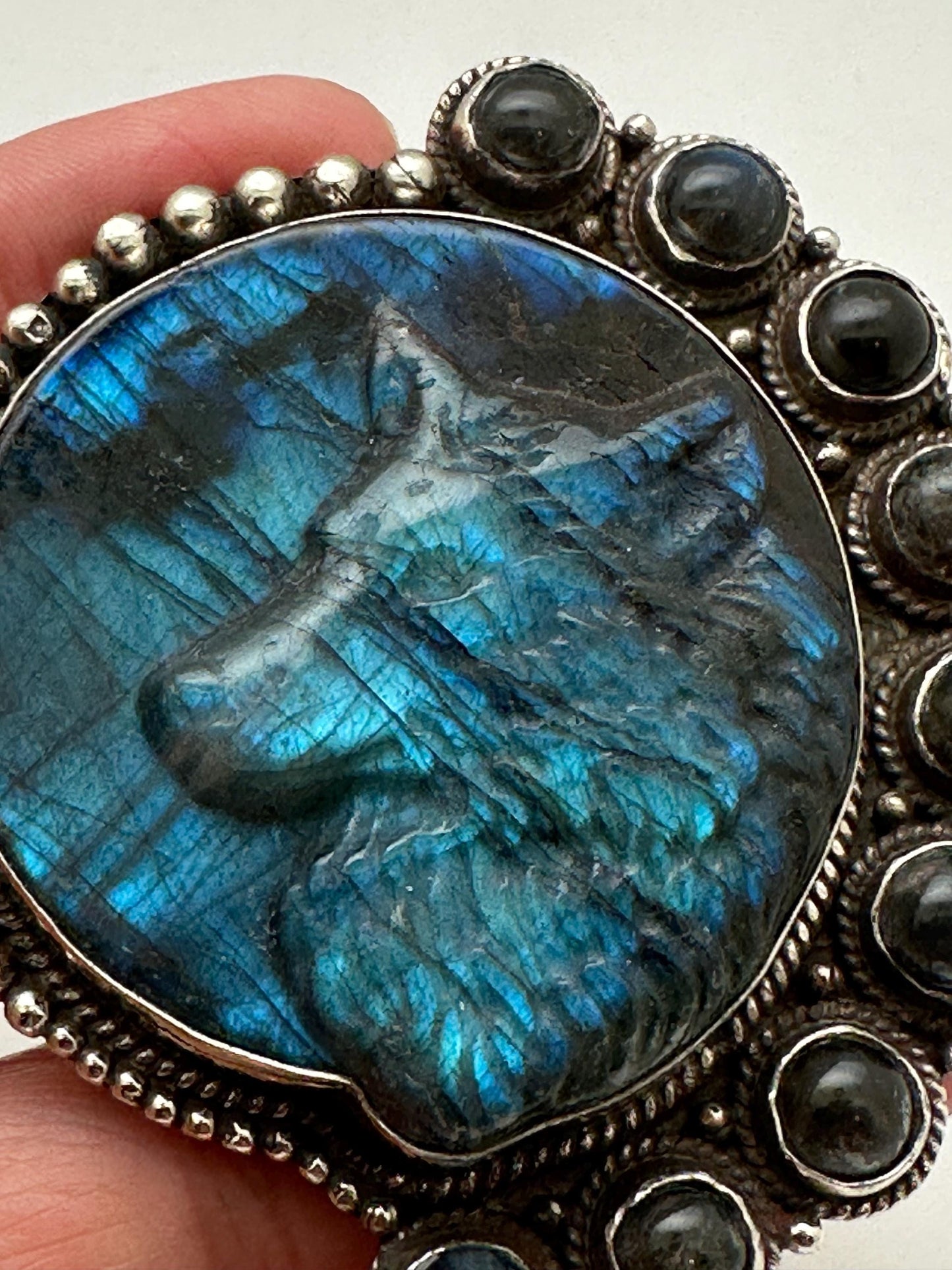 Wolf pendant, labradorite carved,handcrafted, Tibetan silver,67mmX56.7mm and weighs 54 gm
