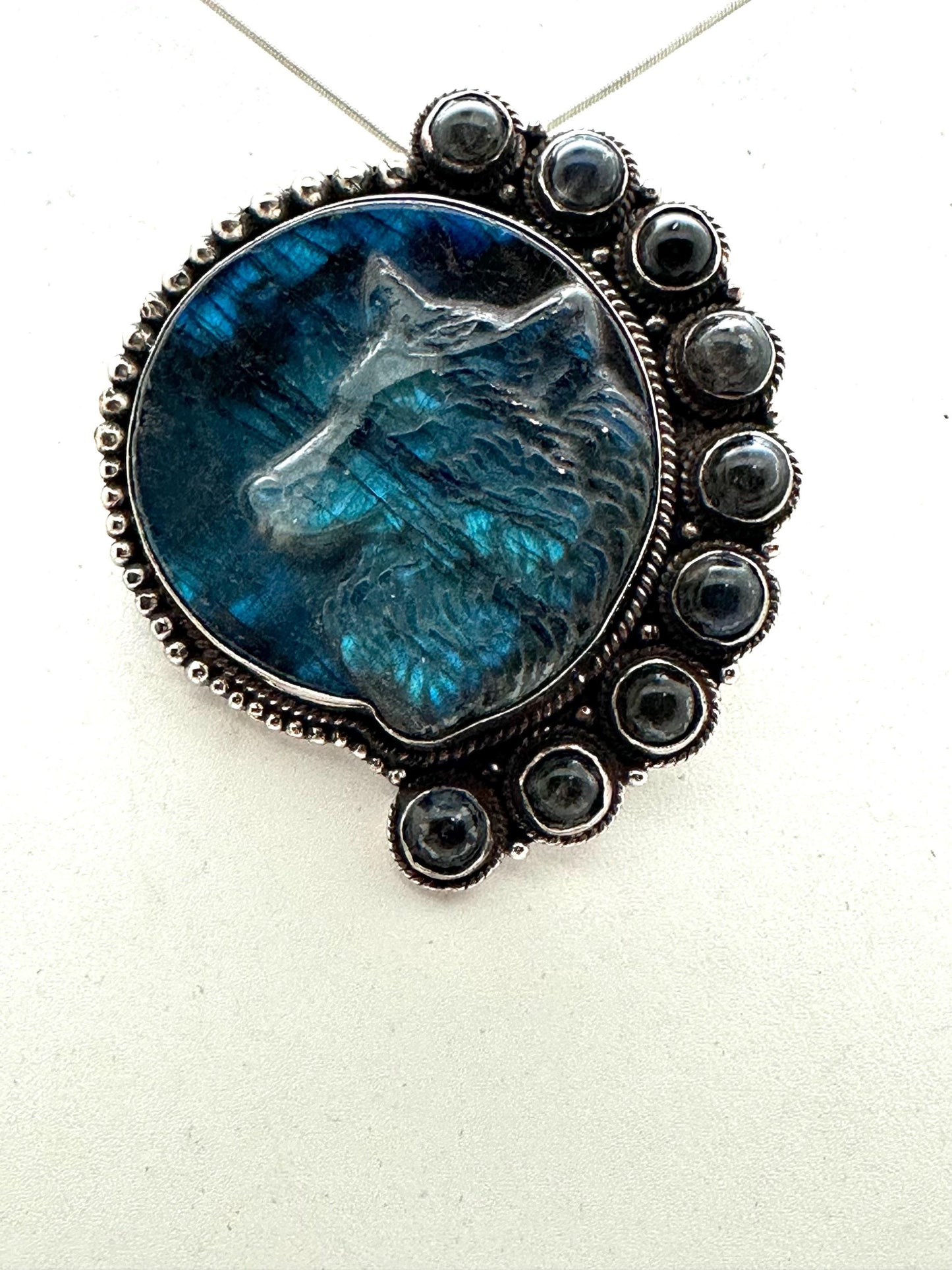 Wolf pendant, labradorite carved,handcrafted, Tibetan silver,67mmX56.7mm and weighs 54 gm