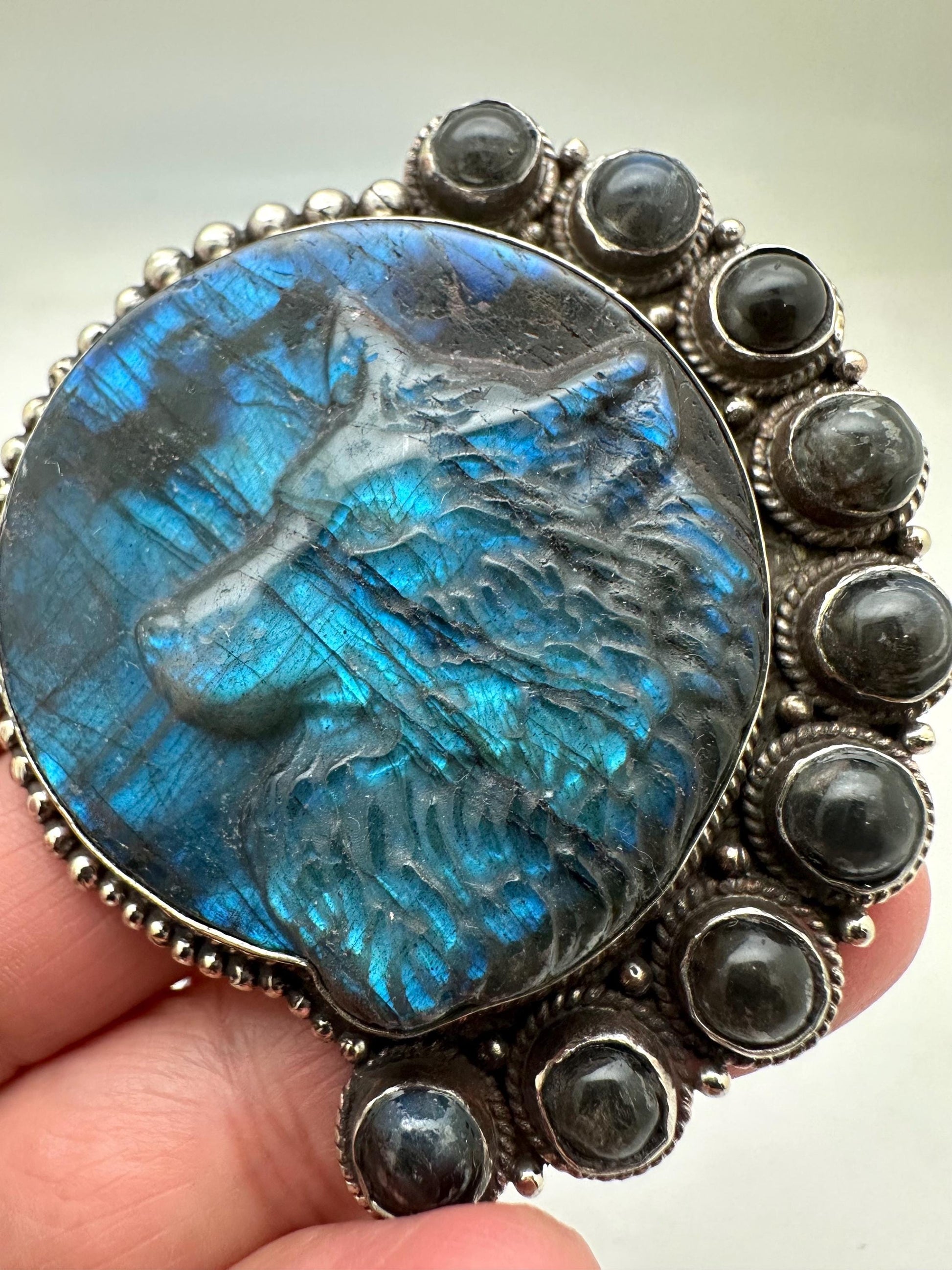 Wolf pendant, labradorite carved,handcrafted, Tibetan silver,67mmX56.7mm and weighs 54 gm