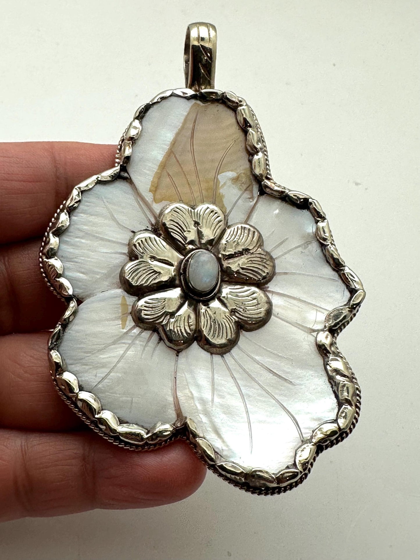 Abolone flower pendant,moonstone,lapis,labradorite,turquoise Tibetan silver, handcrafted,Nepalese