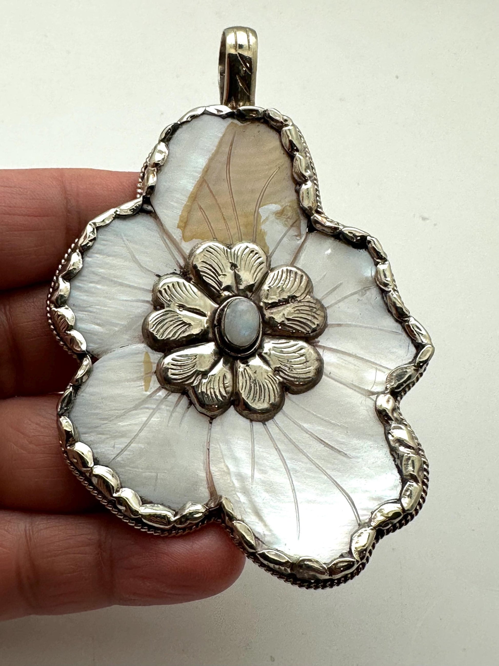 Abolone flower pendant,moonstone,lapis,labradorite,turquoise Tibetan silver, handcrafted,Nepalese