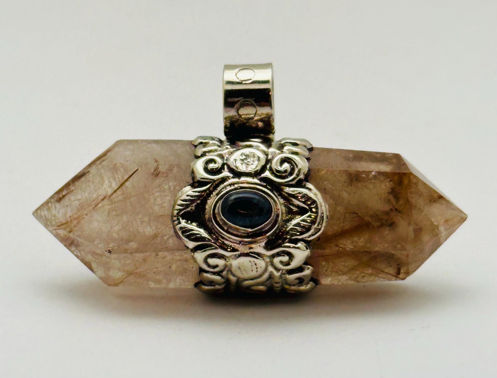 Golden Rutilated Smokey Quartz Double Terminated Pendant, Tibetan Repousse Silver, Labradorite (32mmX62mm)