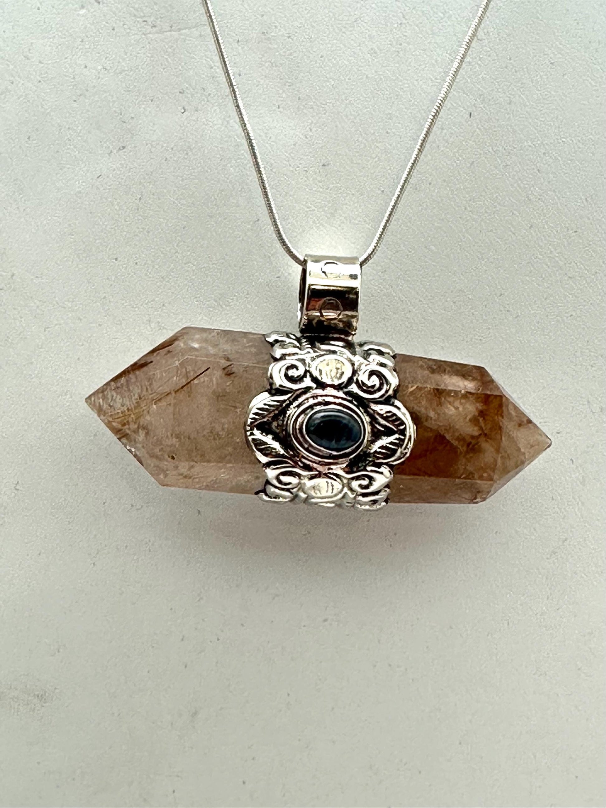 Golden Rutilated Smokey Quartz Double Terminated Pendant, Tibetan Repousse Silver, Labradorite (32mmX62mm)